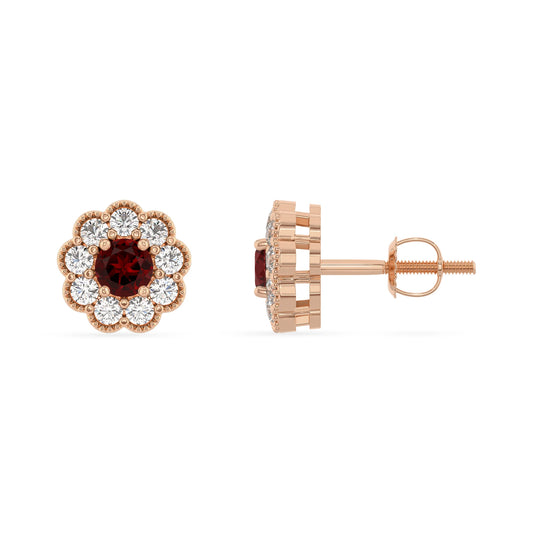 natural garnet round stud earrings in rose gold