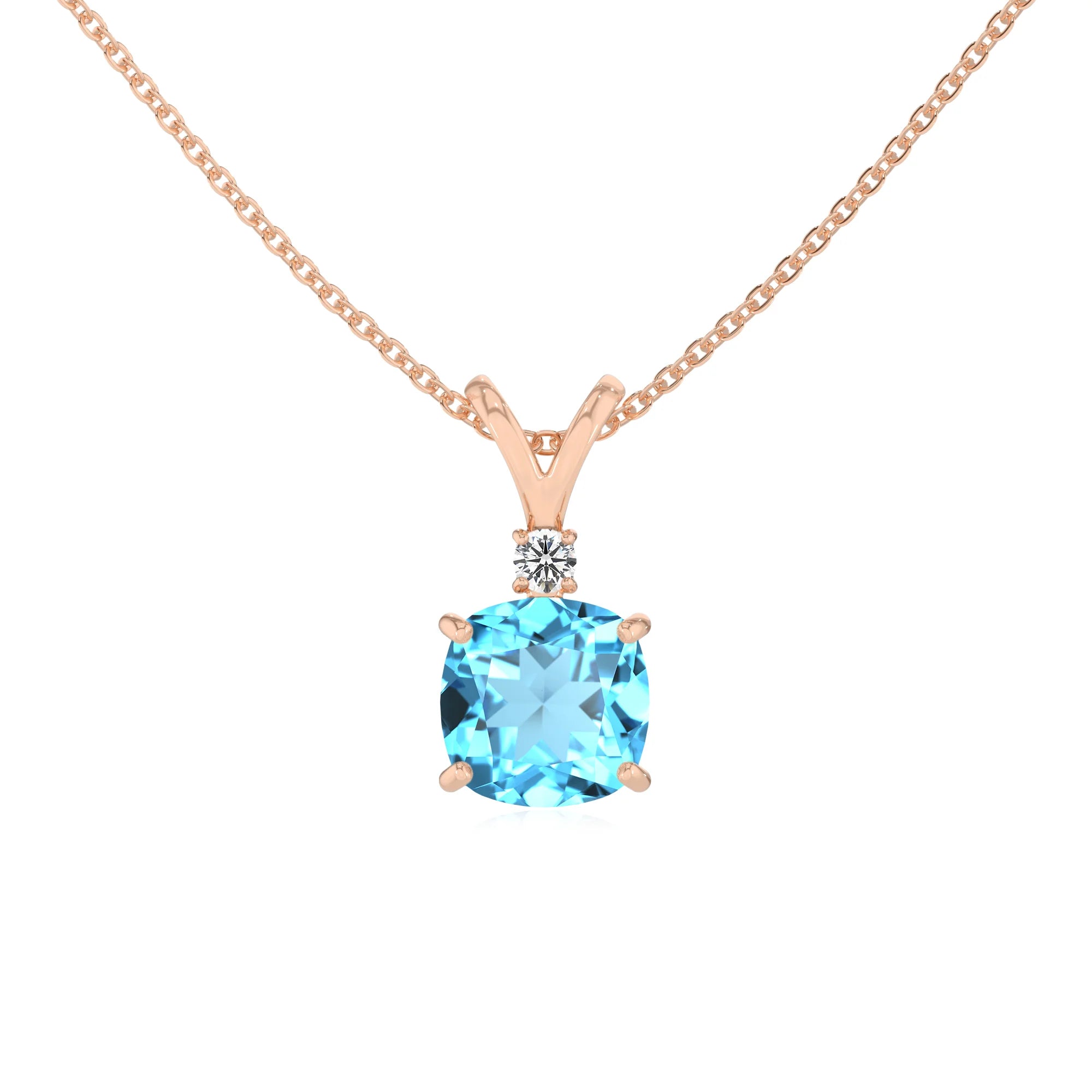 natural swiss-blue-topaz cushion solitaire v-bale necklaces in rose gold