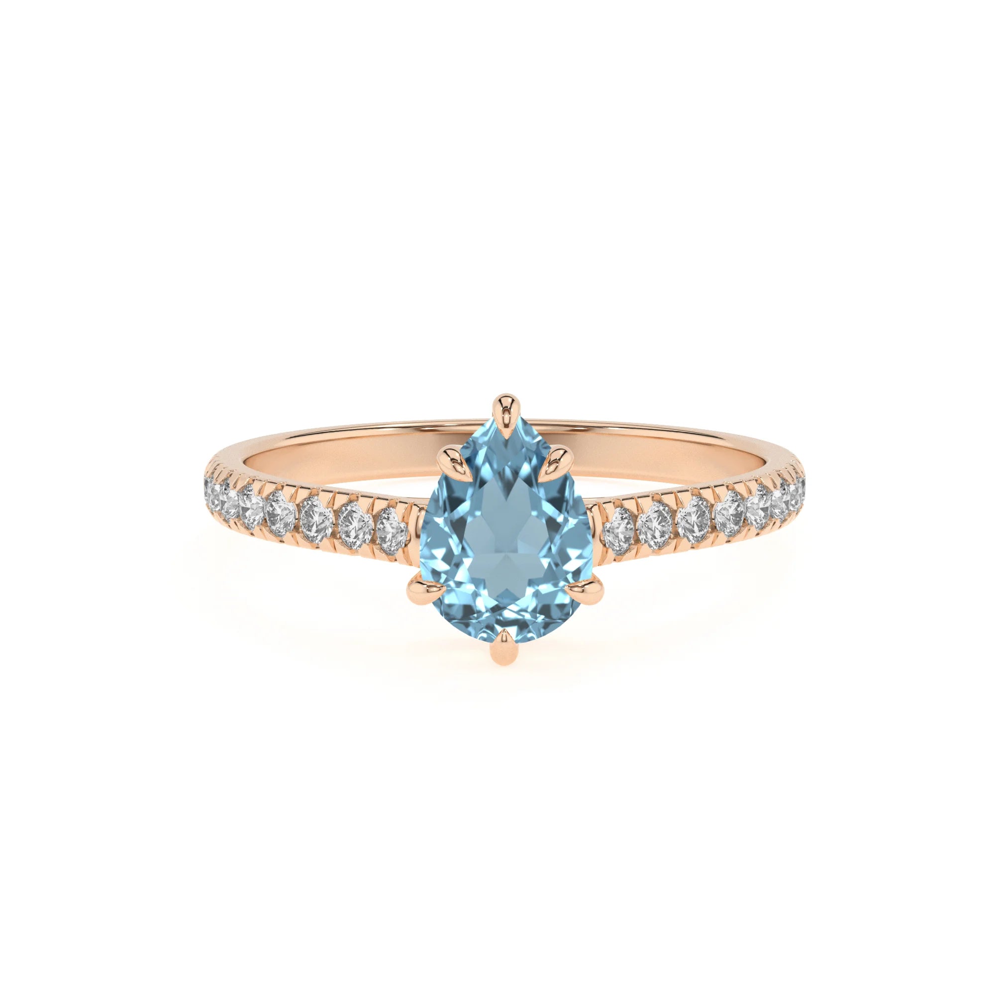 lab grown aquamarine pear half eternity solitaire engagement rings in rose gold