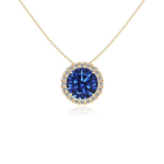 lab grown blue sapphire round solitaire necklaces in yellow gold