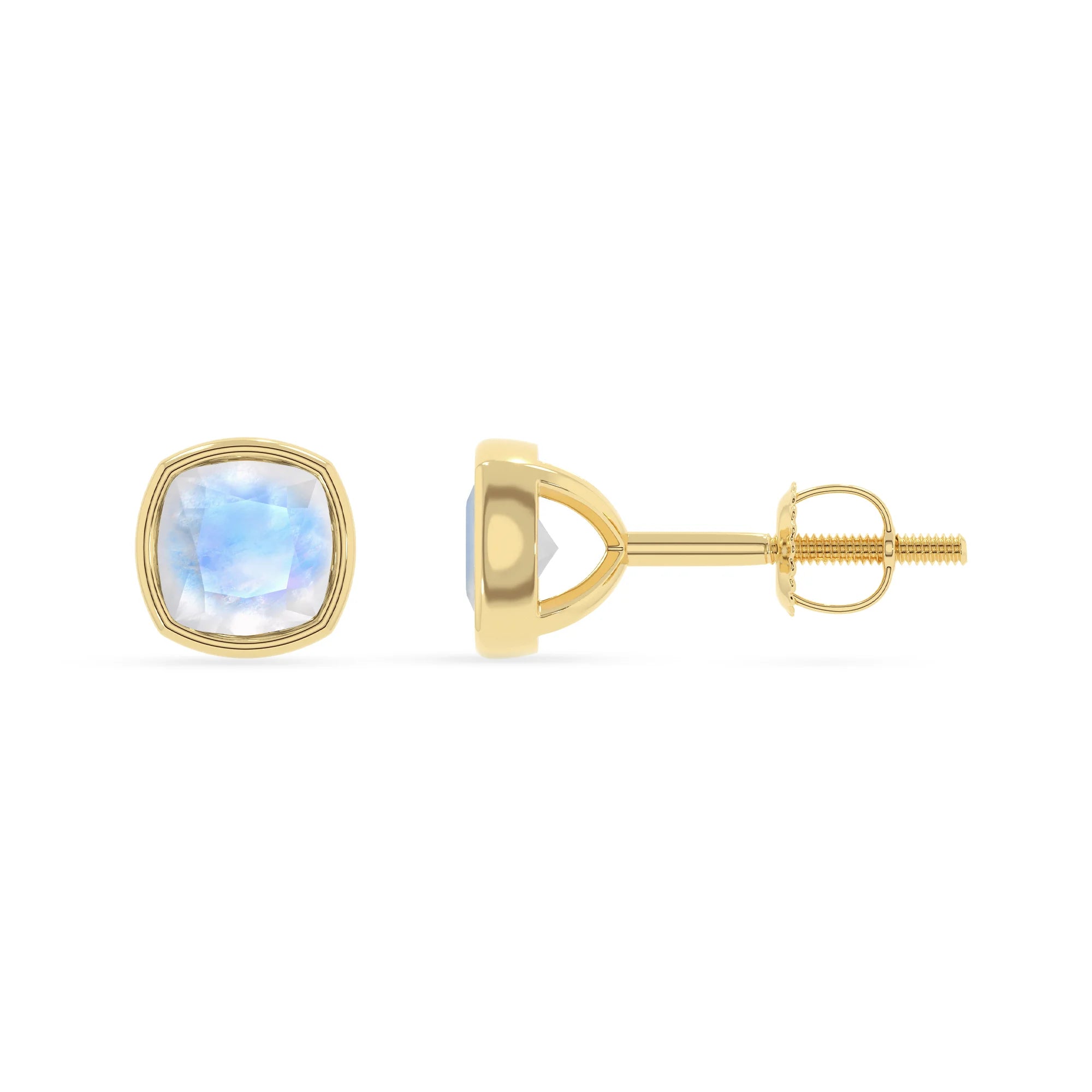 natural rainbow moonstone cushion stud earrings in yellow gold