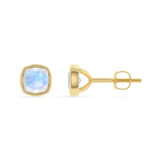 natural rainbow moonstone cushion stud earrings in yellow gold