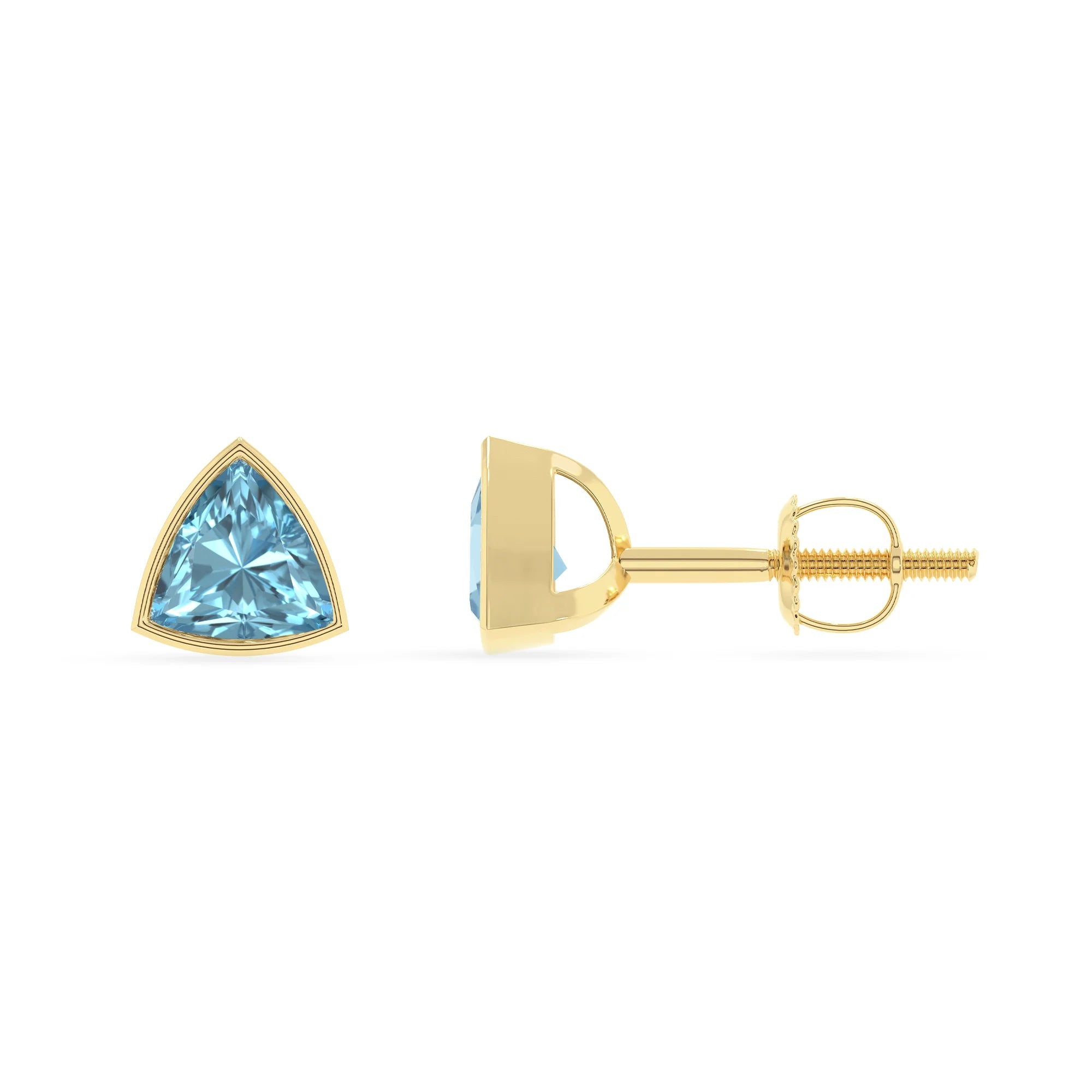 lab grown aquamarine trillion stud earrings in yellow gold