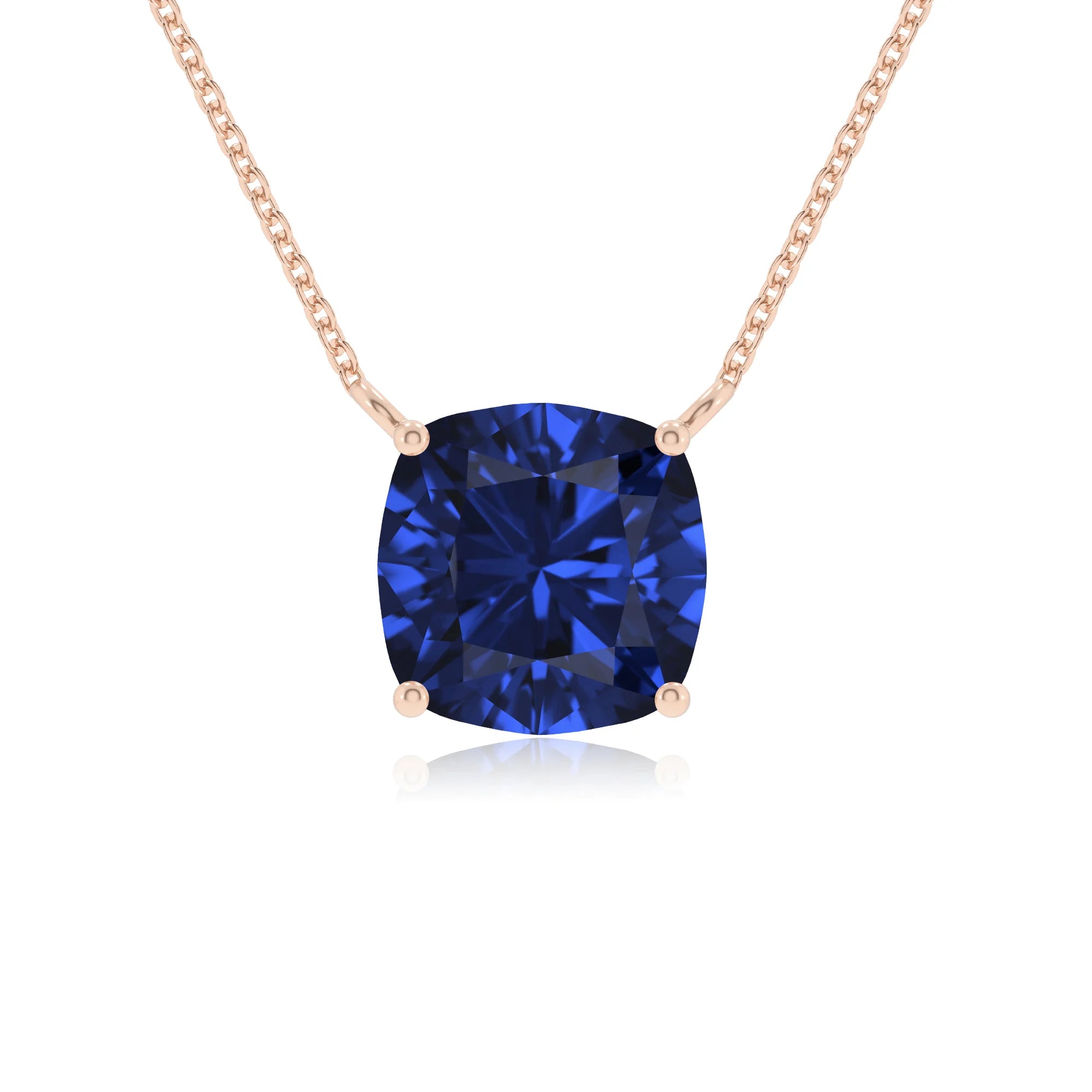 lab grown blue-sapphire cushion solitaire necklaces in rose gold