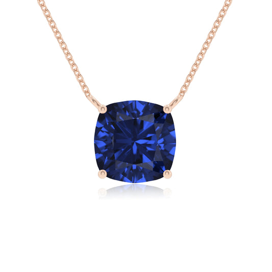 lab grown blue-sapphire cushion solitaire necklaces in rose gold