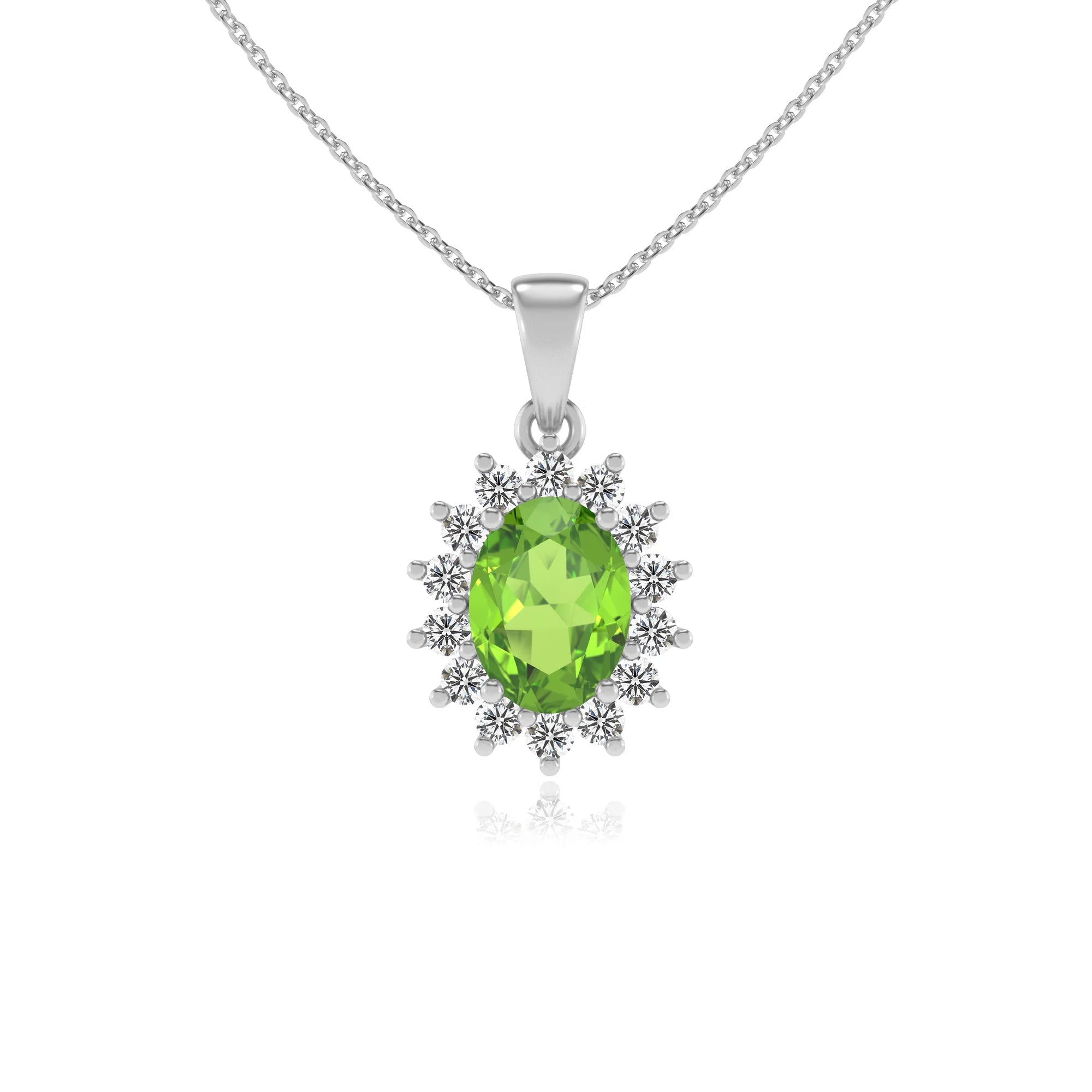 natural peridot oval halo necklaces in platinum