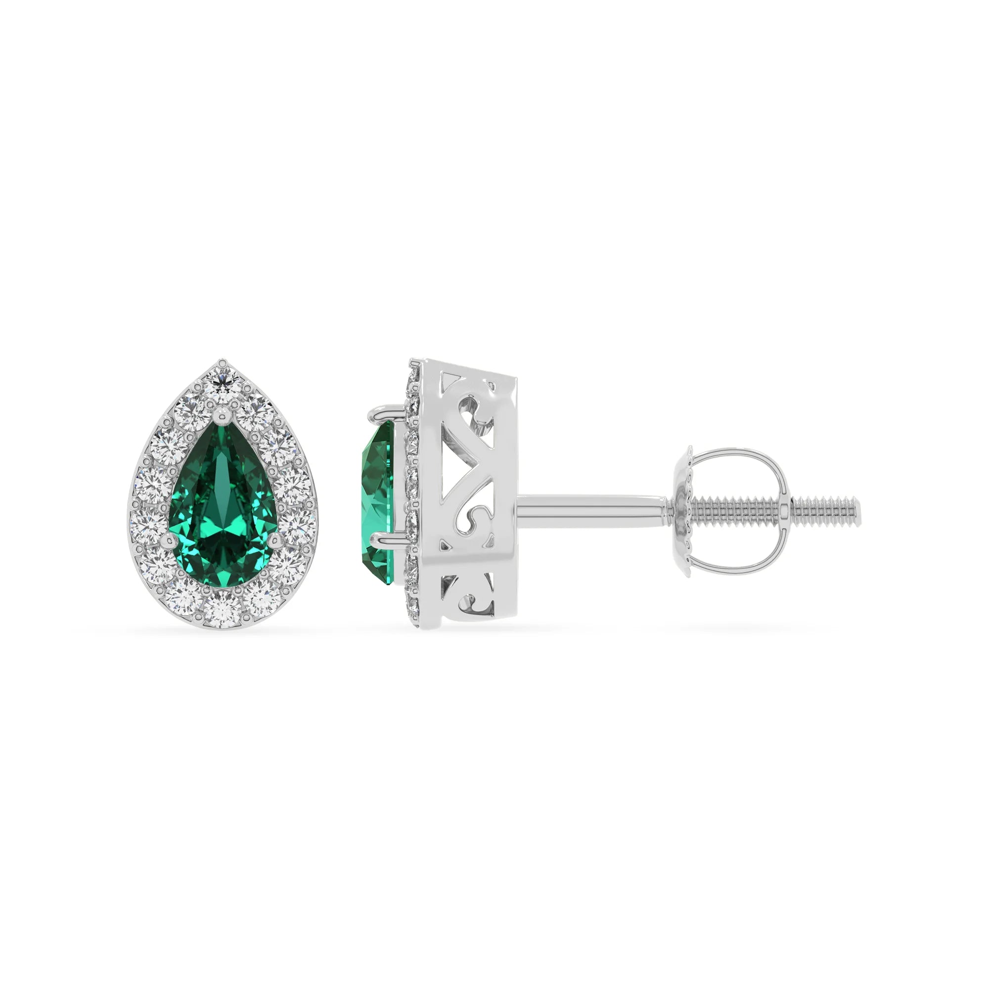 lab grown emerald pear stud earrings in white gold