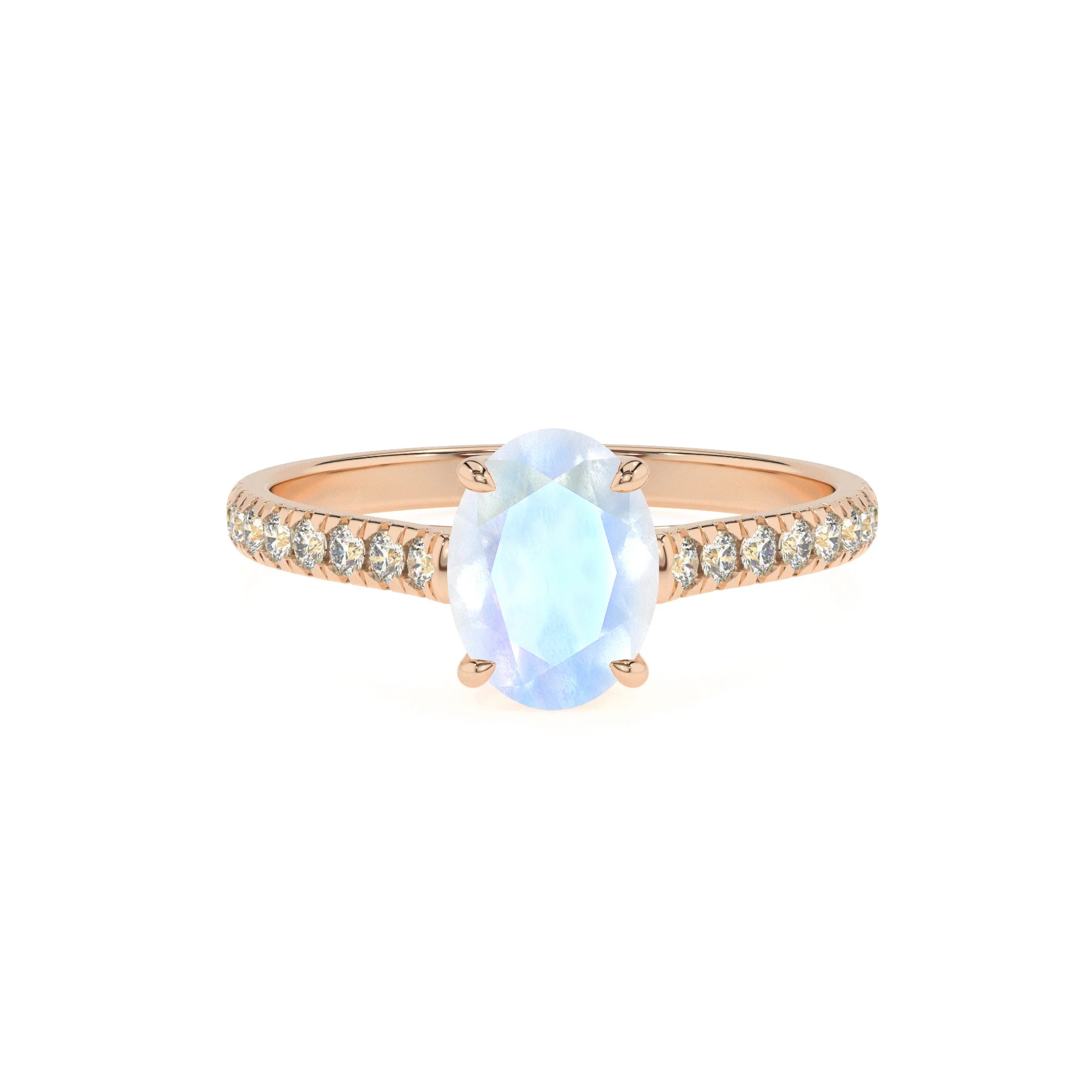 natural rainbow-moonstone oval half eternity solitaire engagement rings in rose gold