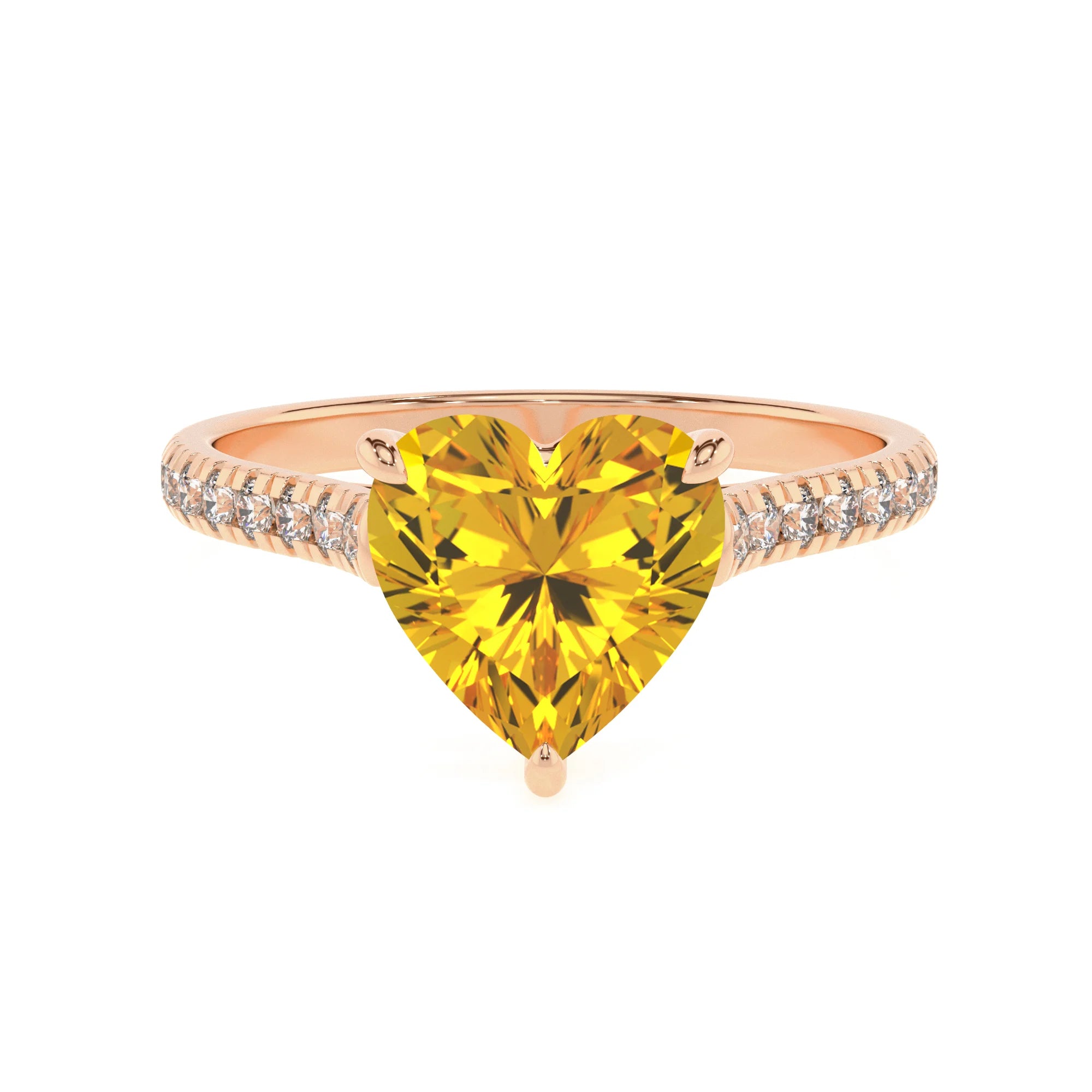 lab grown yellow-sapphire heart half eternity solitaire engagement rings in rose gold