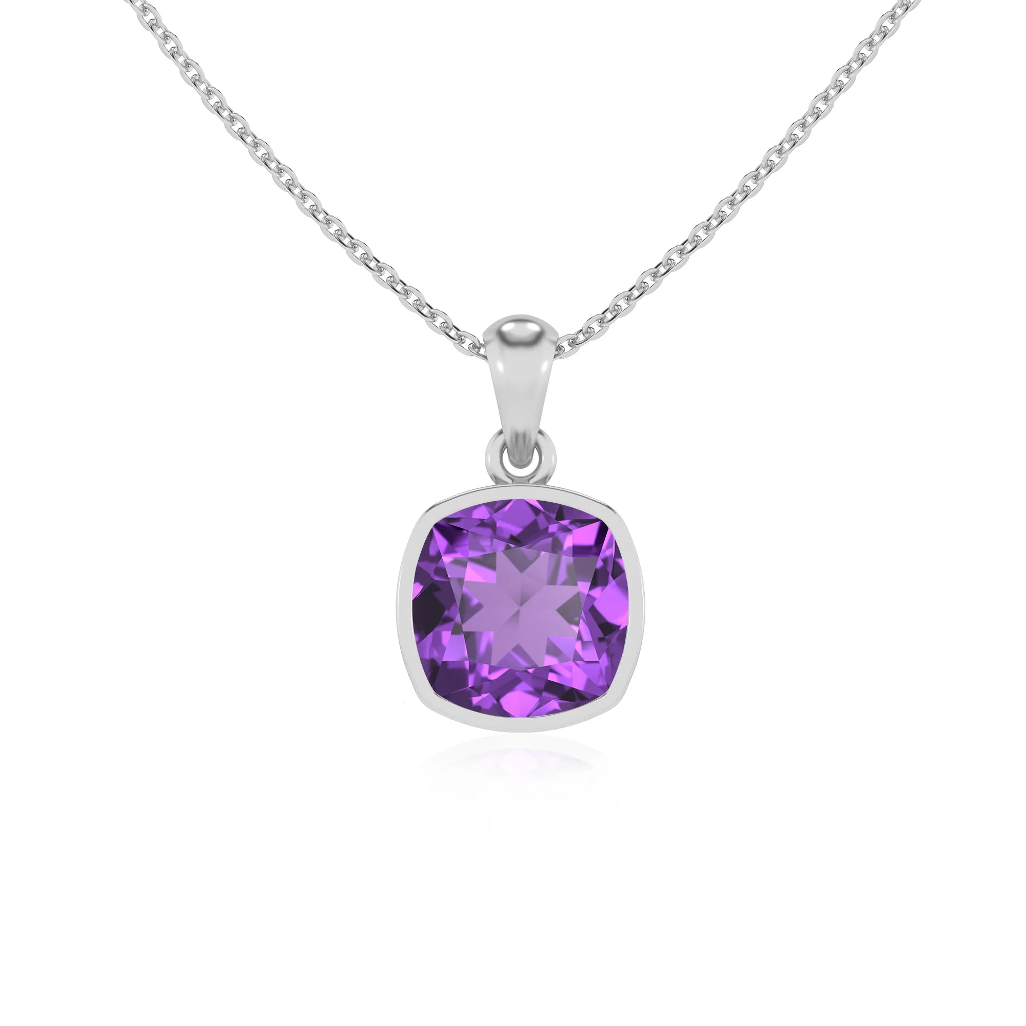 lab grown amethyst cushion solitaire necklaces in white gold