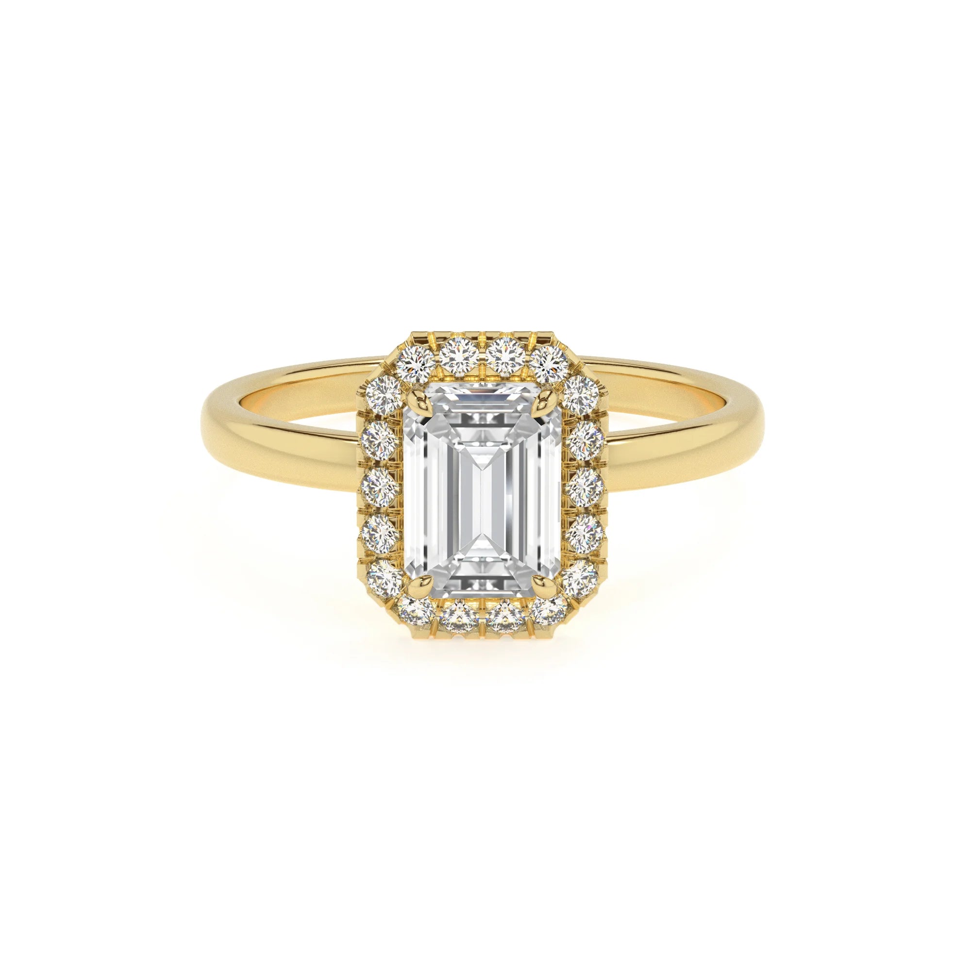 lab grown moissanite emerald cut solitaire rings in yellow gold