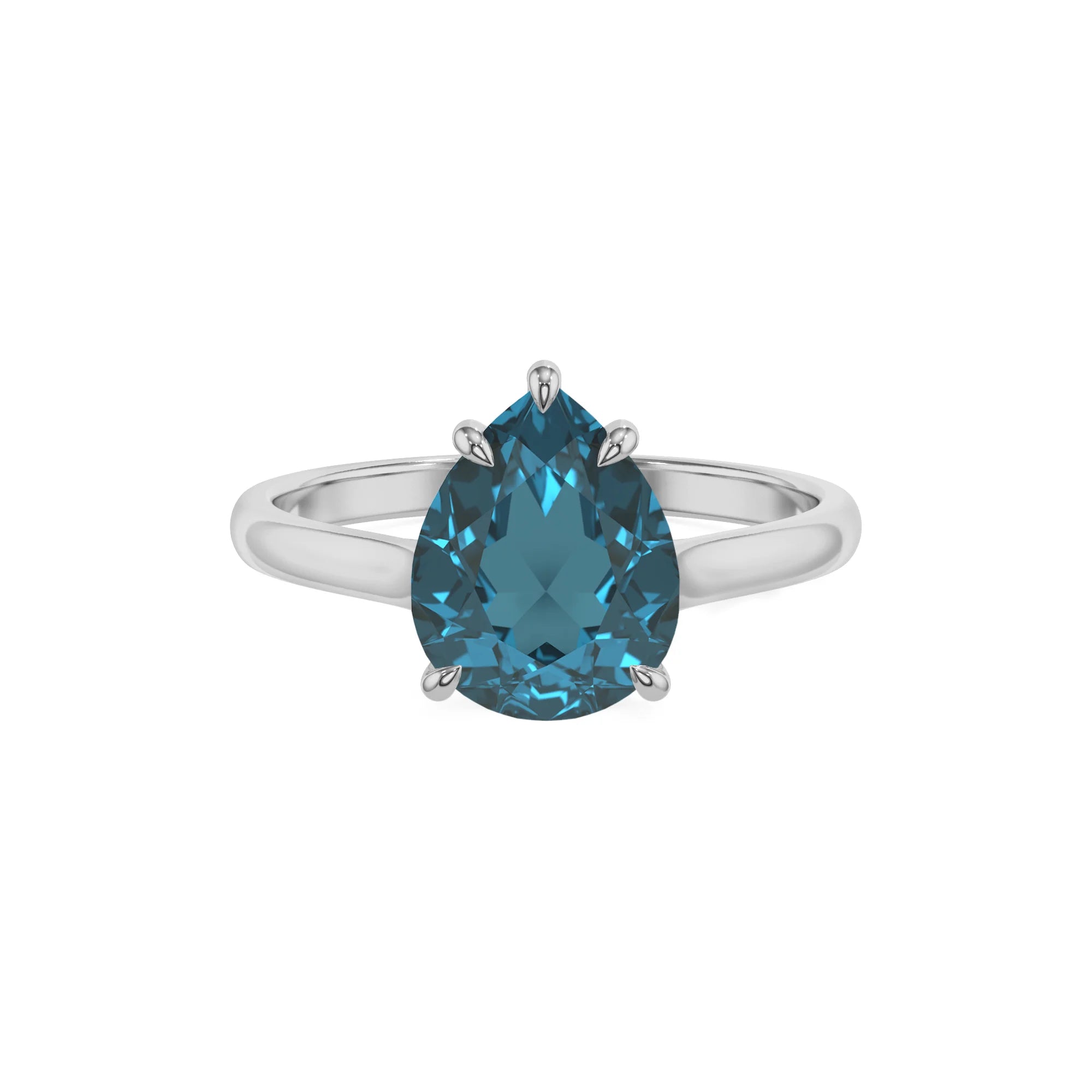 natural london-blue-topaz pear solitaire rings in platinum
