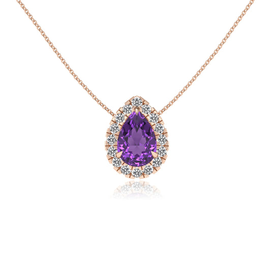 lab grown amethyst pear solitaire necklaces in rose gold