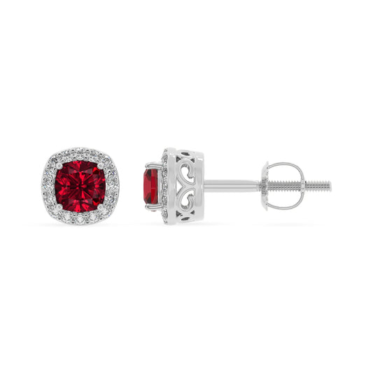lab grown ruby cushion stud earrings in white gold