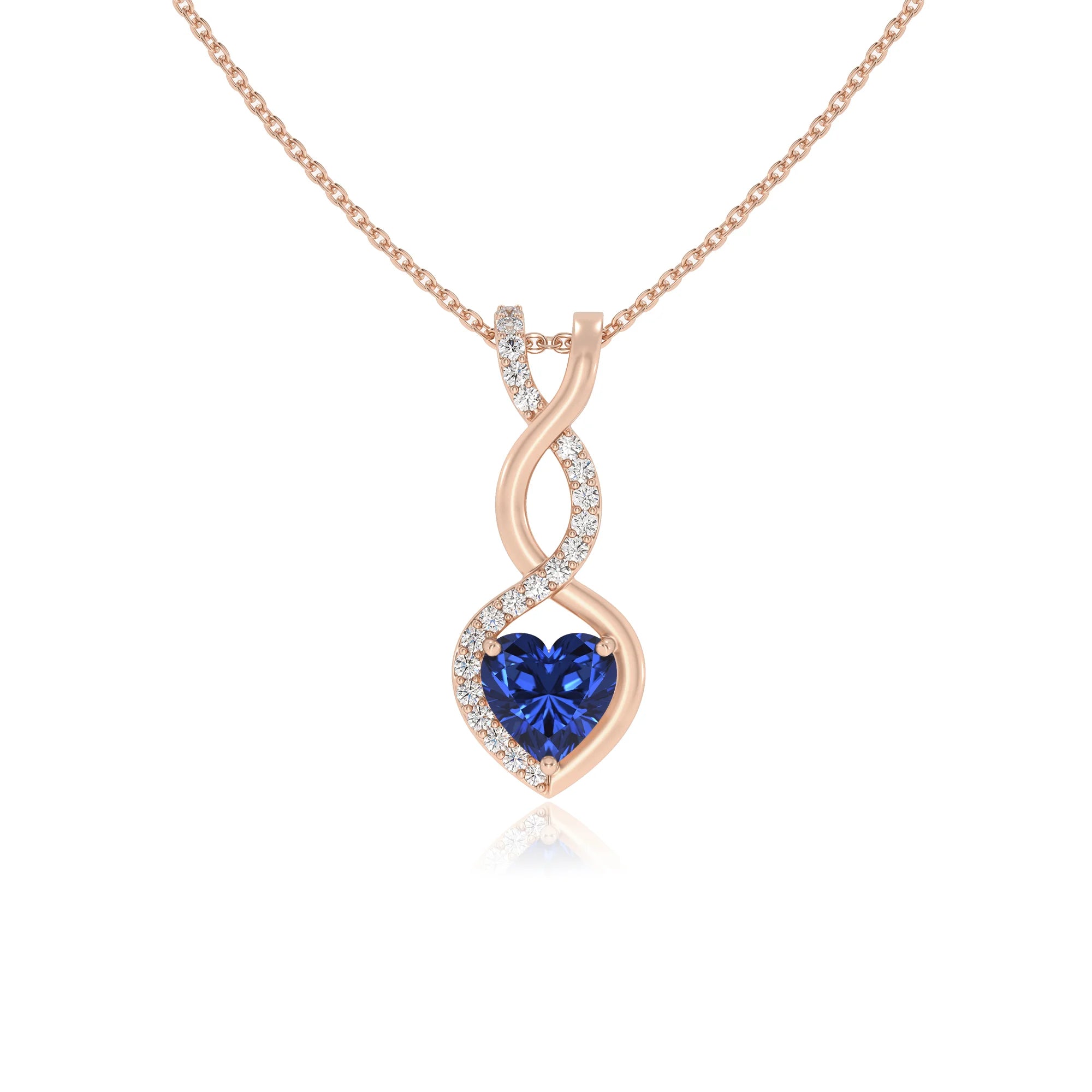 lab grown blue-sapphire heart infinity necklaces in rose gold