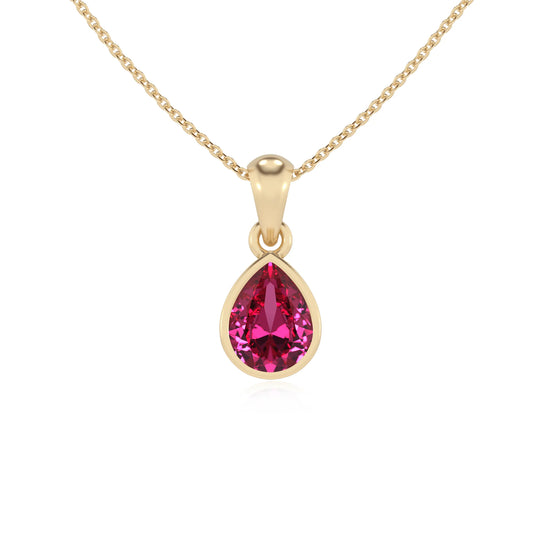 lab grown pink-sapphire pear solitaire necklaces in yellow gold
