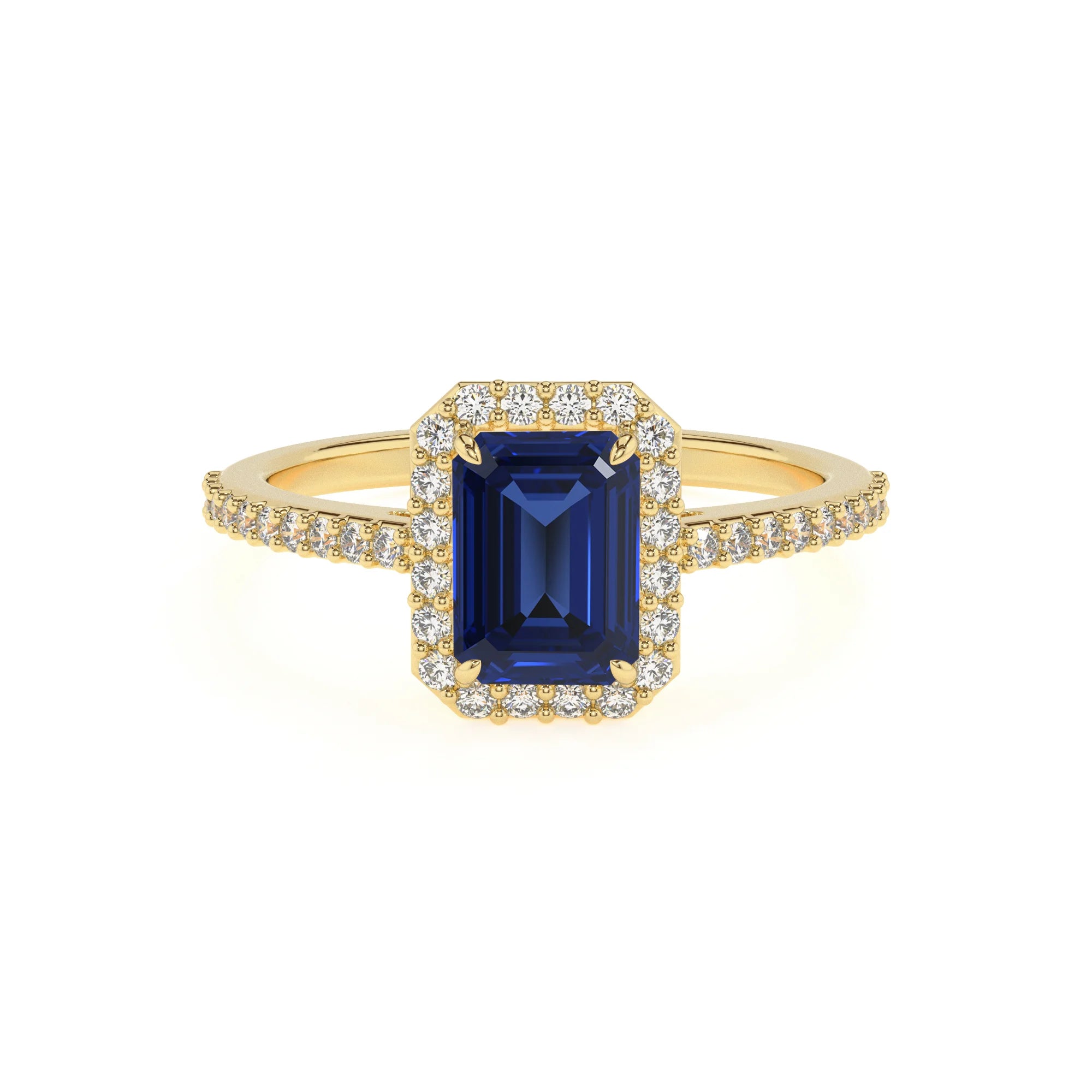 lab grown blue-sapphire emerald cut solitaire rings in yellow gold