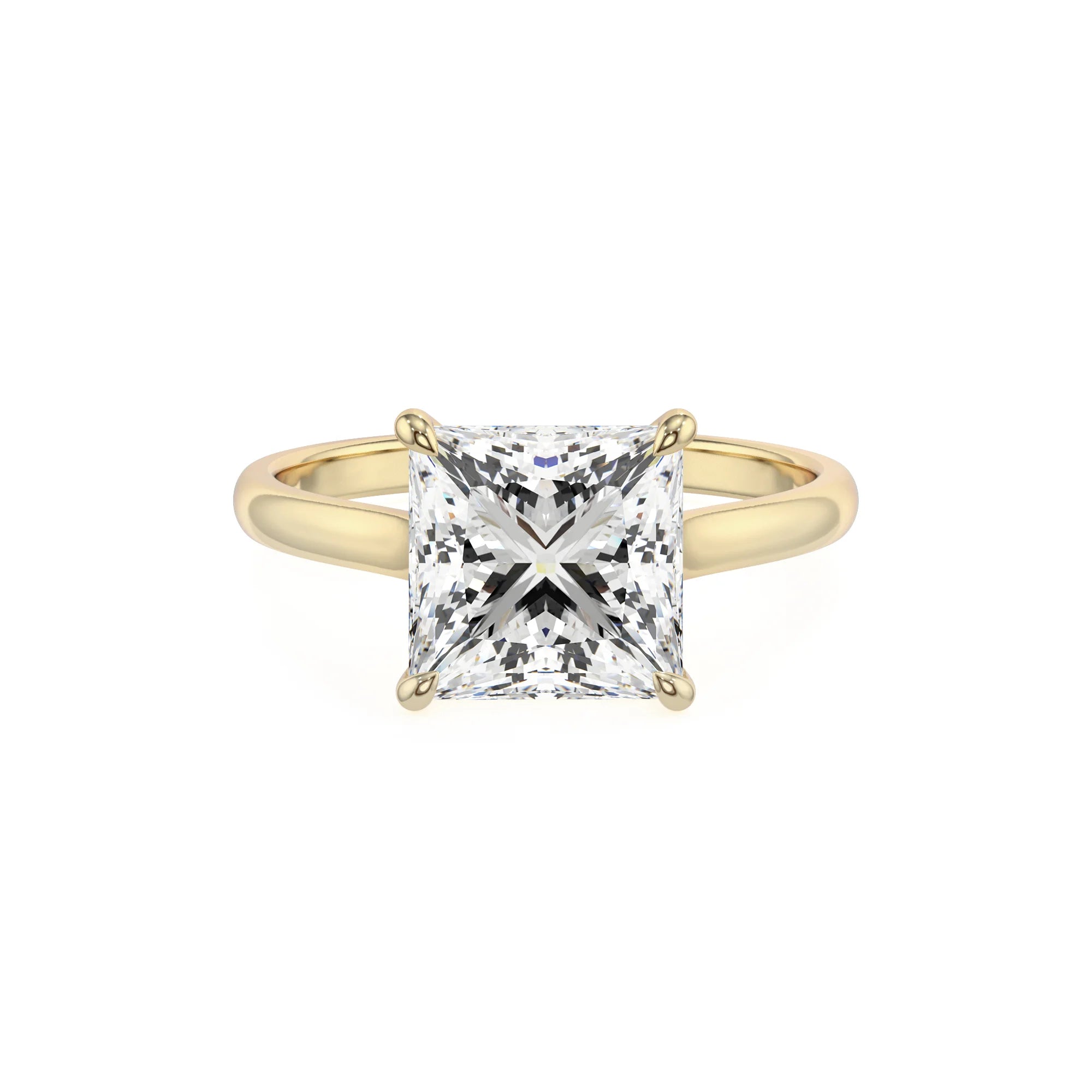 lab grown moissanite princess solitaire rings in yellow gold