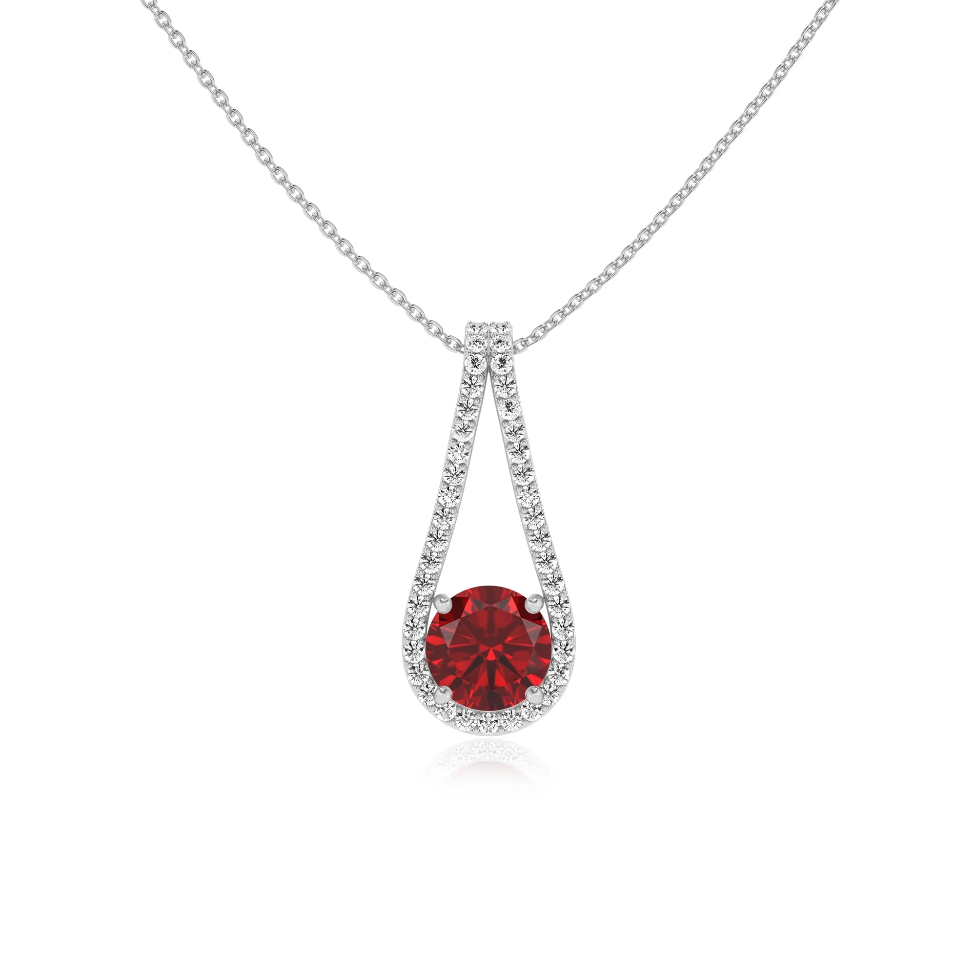 lab grown ruby round solitaire v-bale necklaces in white gold
