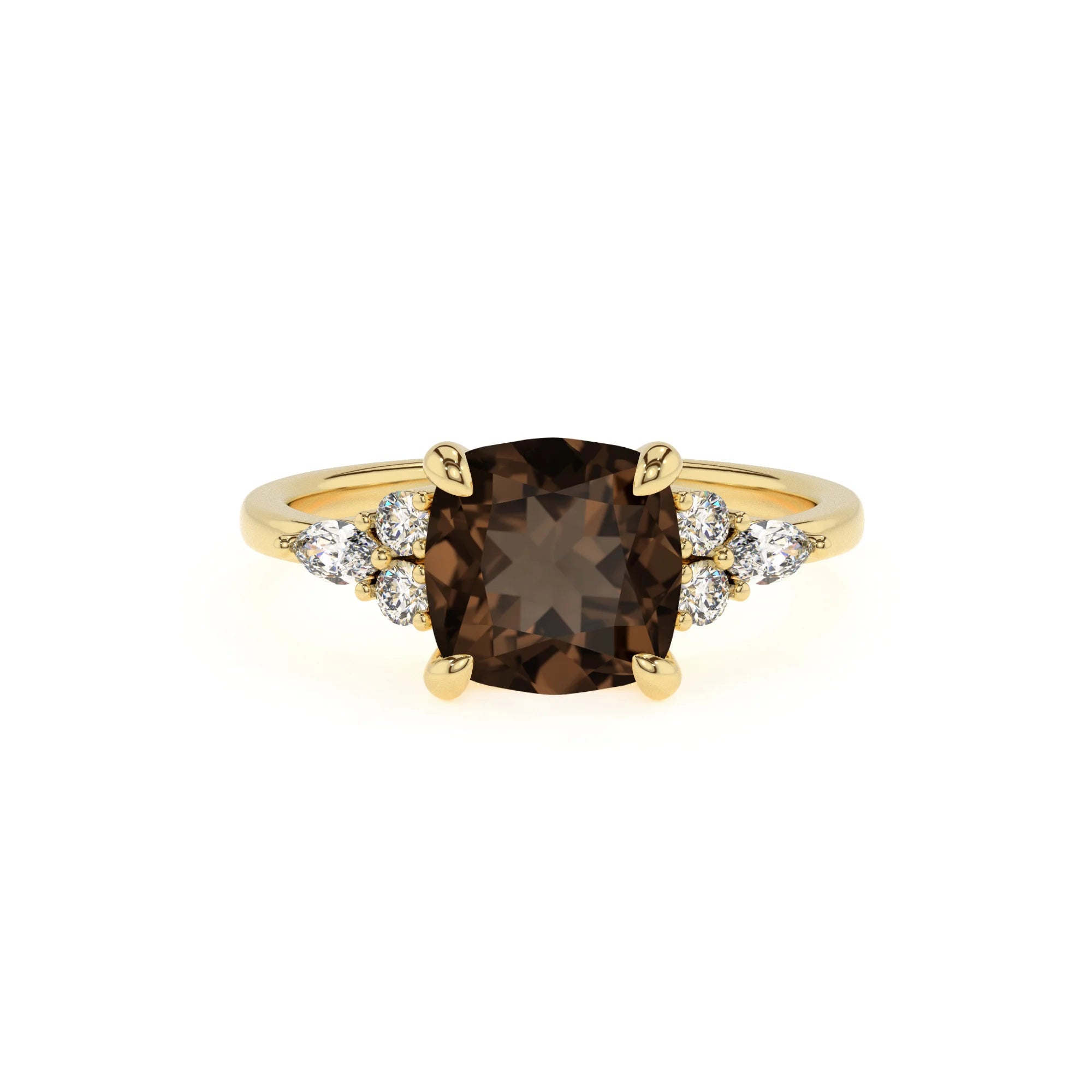 natural smoky-quartz cushion solitaire rings in yellow gold