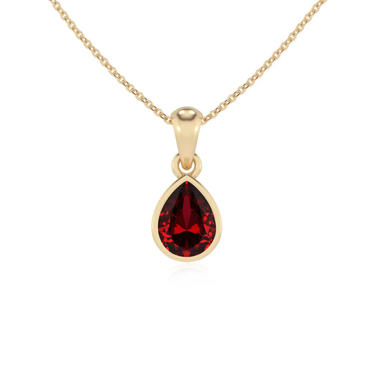 lab grown ruby pear solitaire necklaces in yellow gold