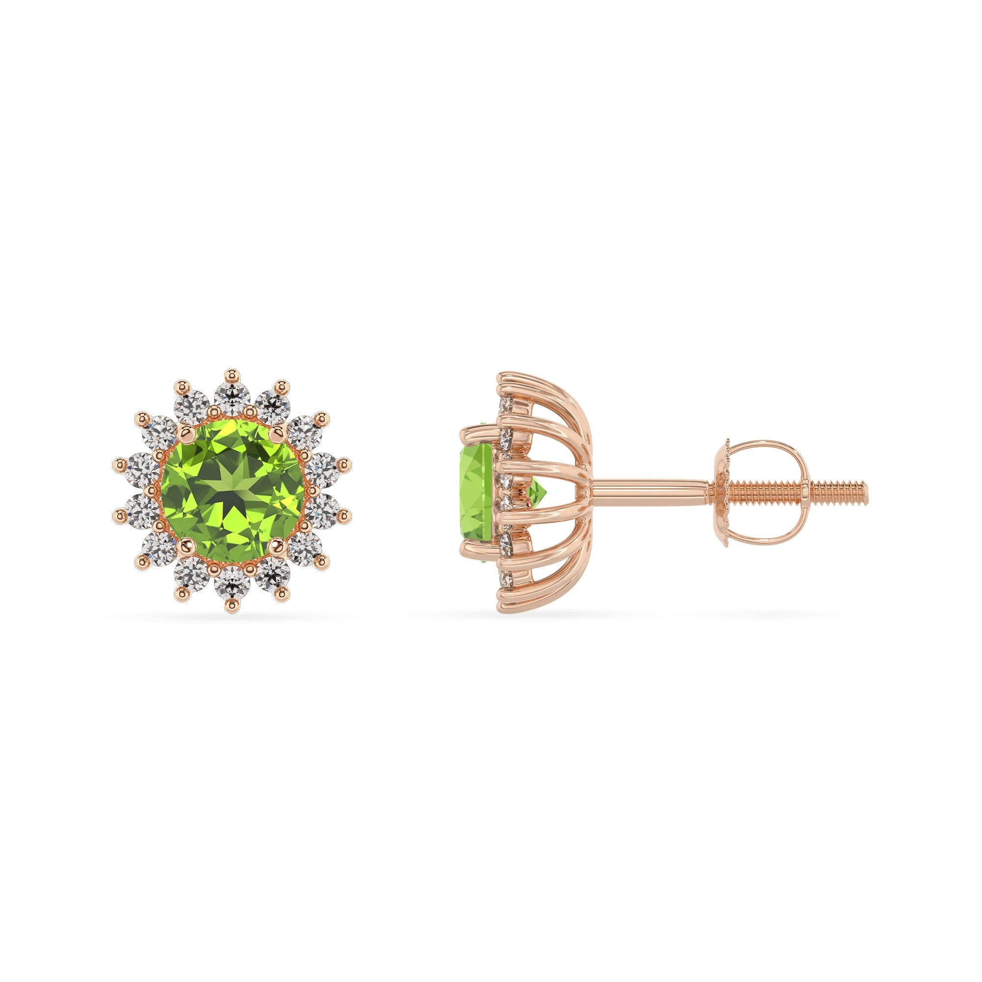 natural peridot round stud earrings in rose gold