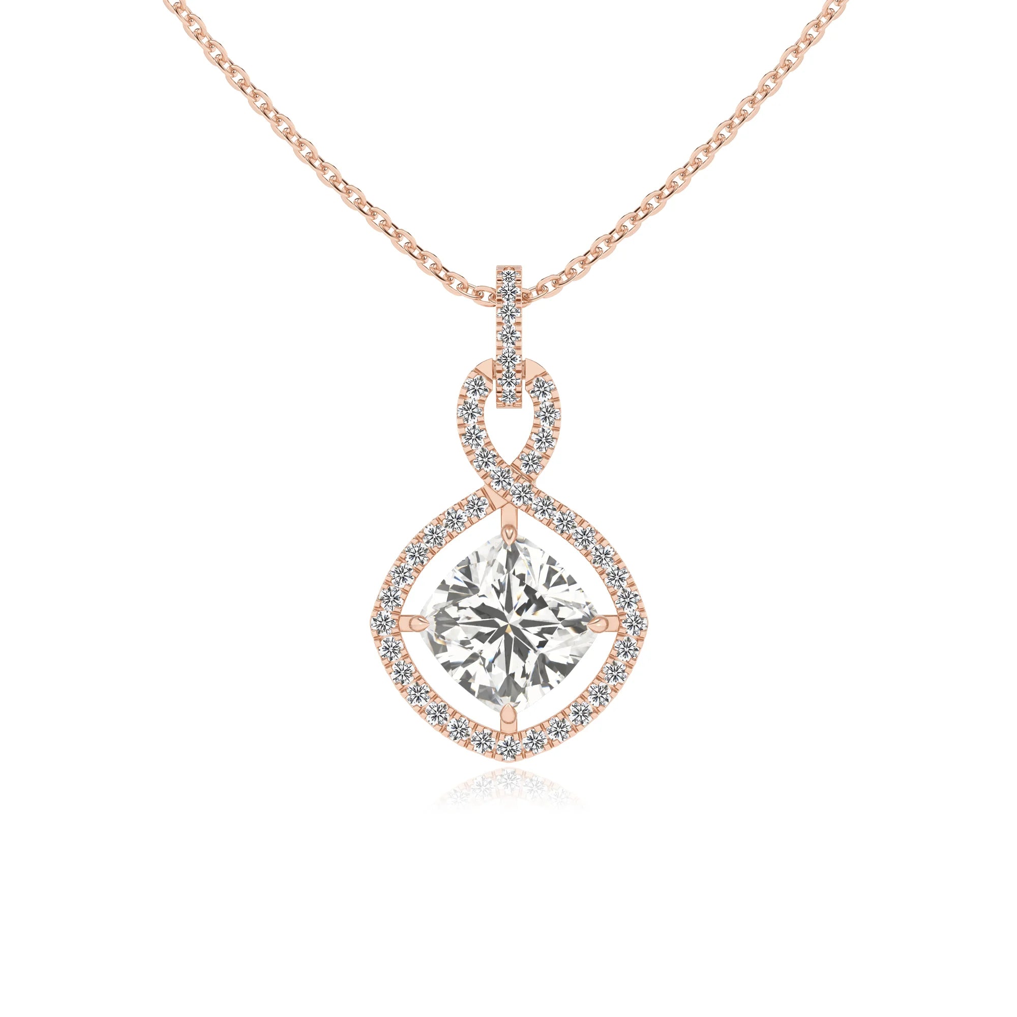 lab grown moissanite cushion infinity necklaces in rose gold