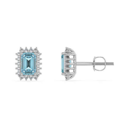 lab grown aquamarine emerald cut stud earrings in sterling silver