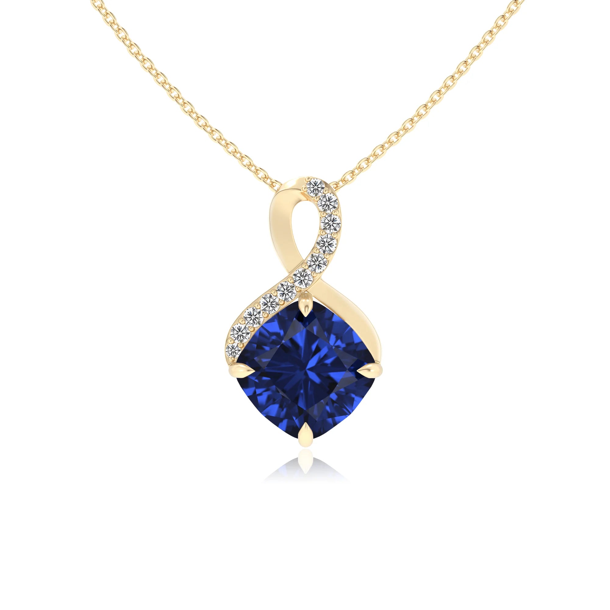 lab grown blue-sapphire cushion infinity necklaces in yellow gold