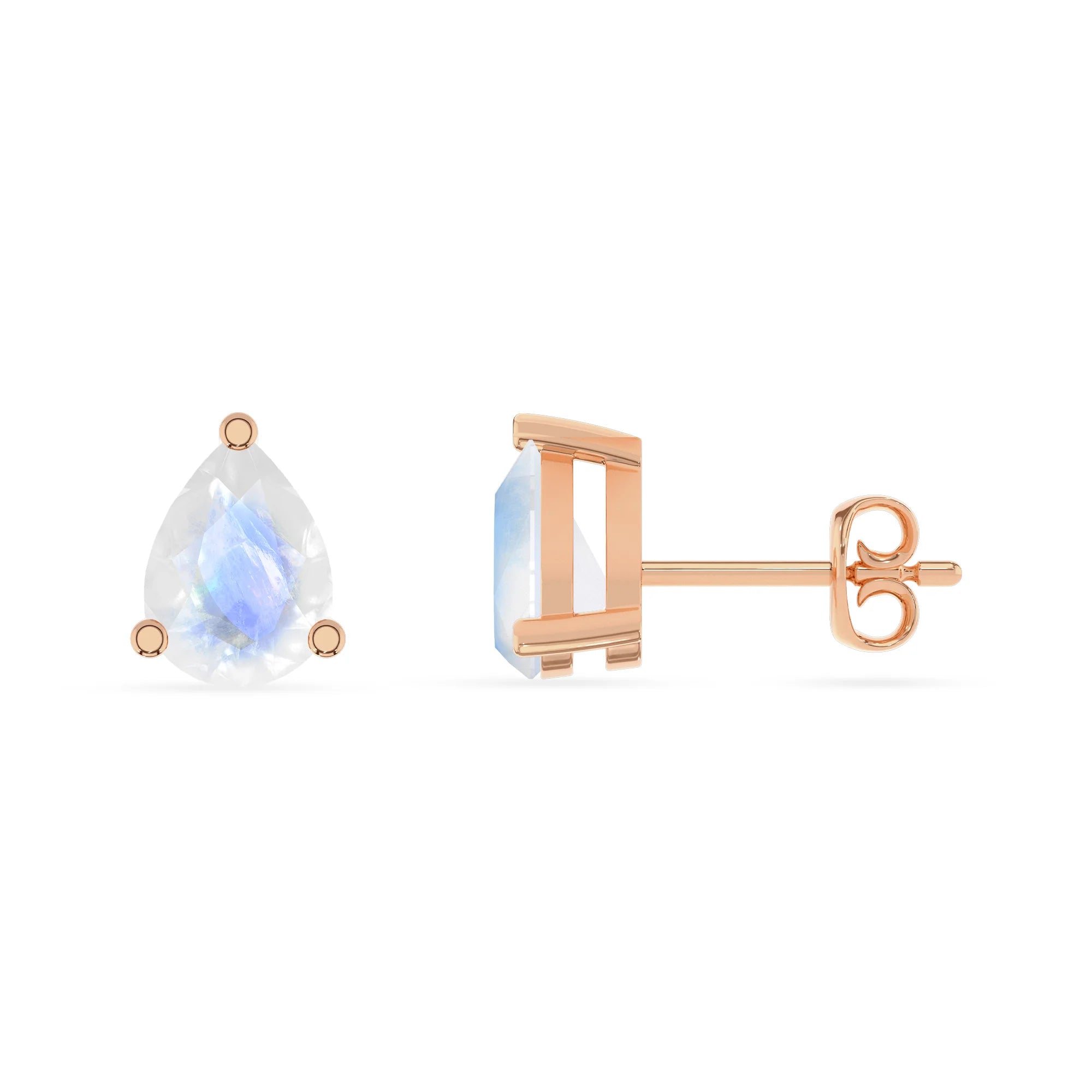 natural rainbow moonstone pear stud earrings in rose gold