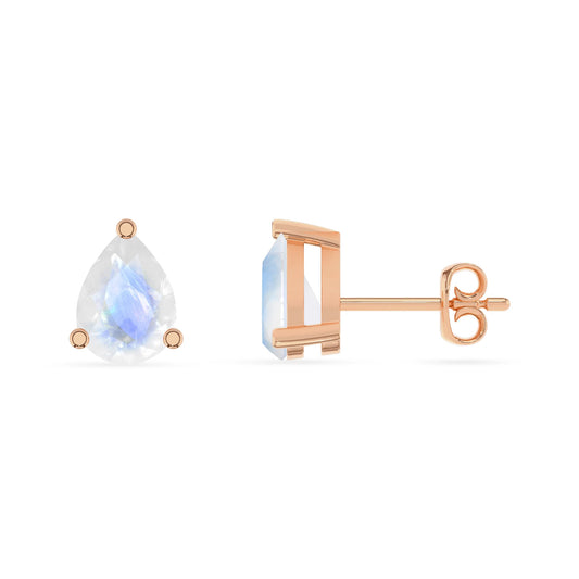 natural rainbow moonstone pear stud earrings in rose gold