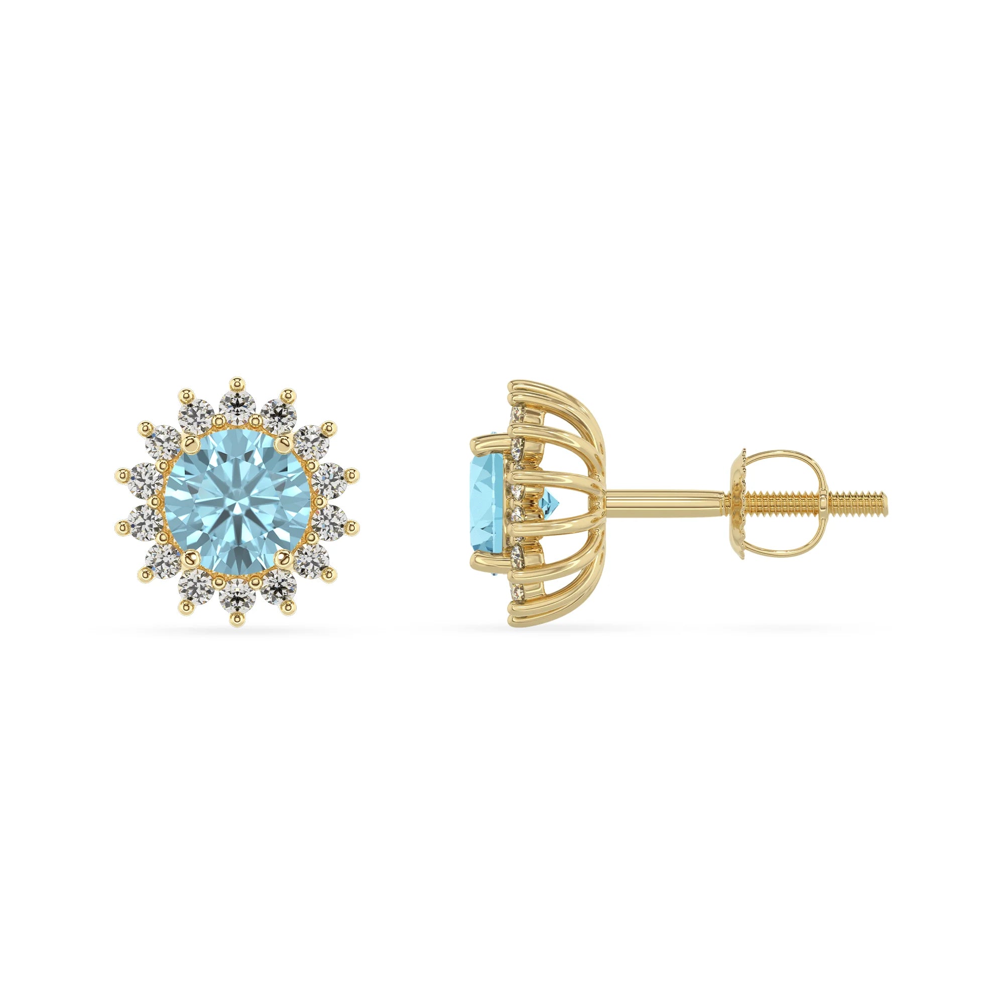 lab grown aquamarine round stud earrings in yellow gold