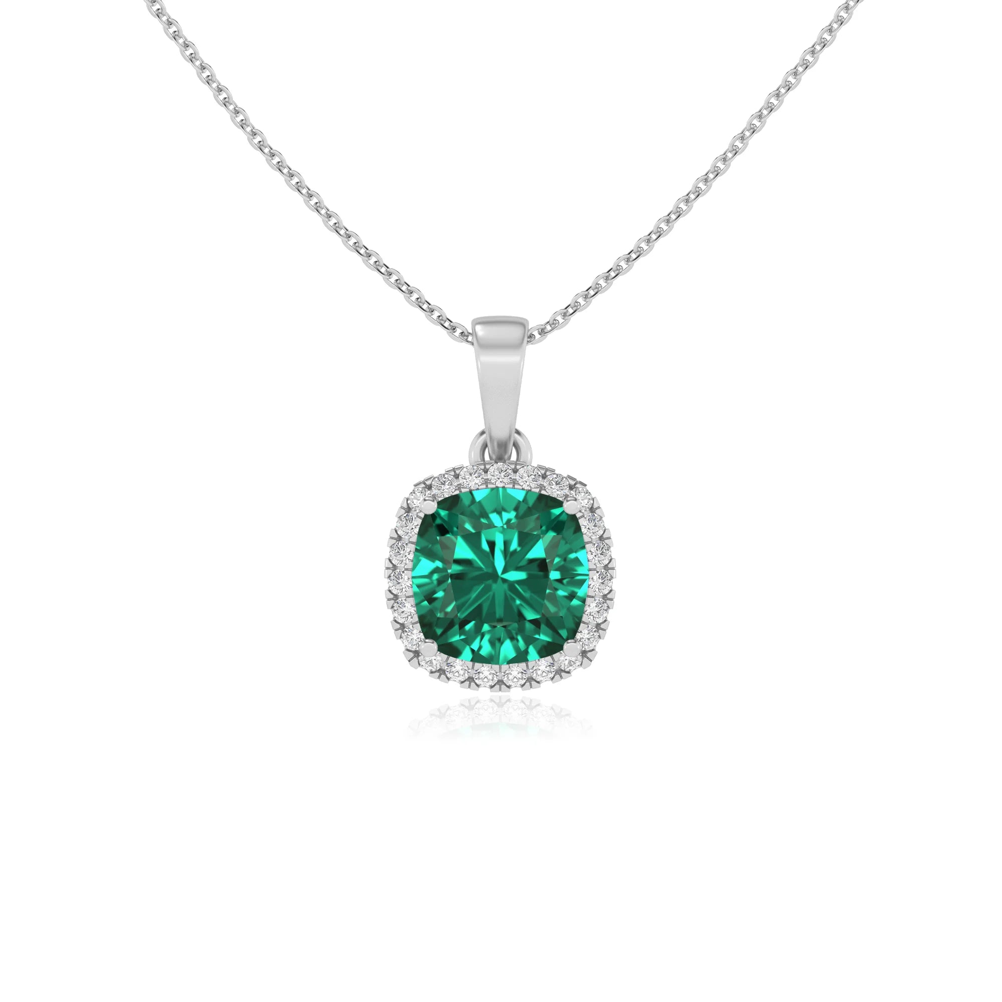 lab grown emerald cushion solitaire necklaces in white gold