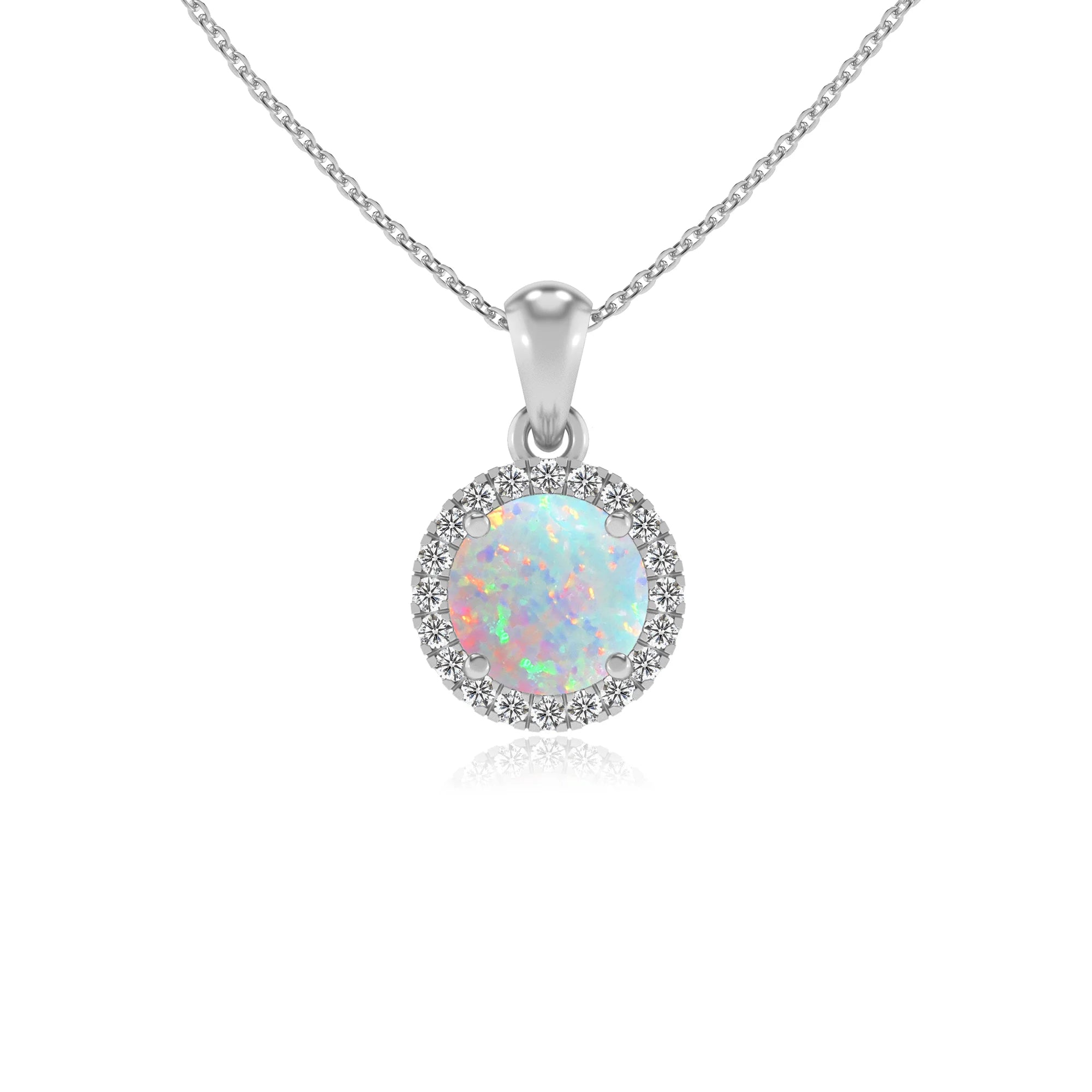 lab grown opal round solitaire necklaces in platinum