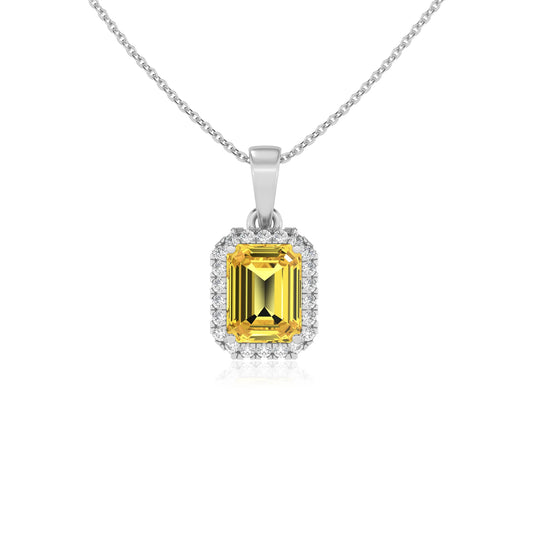 lab grown yellow-sapphire emerald cut solitaire necklaces in sterling silver