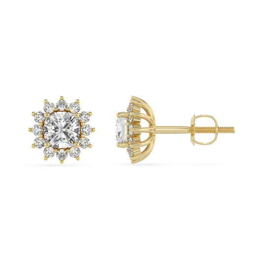 lab grown moissanite cushion stud earrings in yellow gold