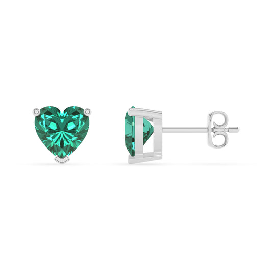 lab grown emerald heart stud earrings in sterling silver