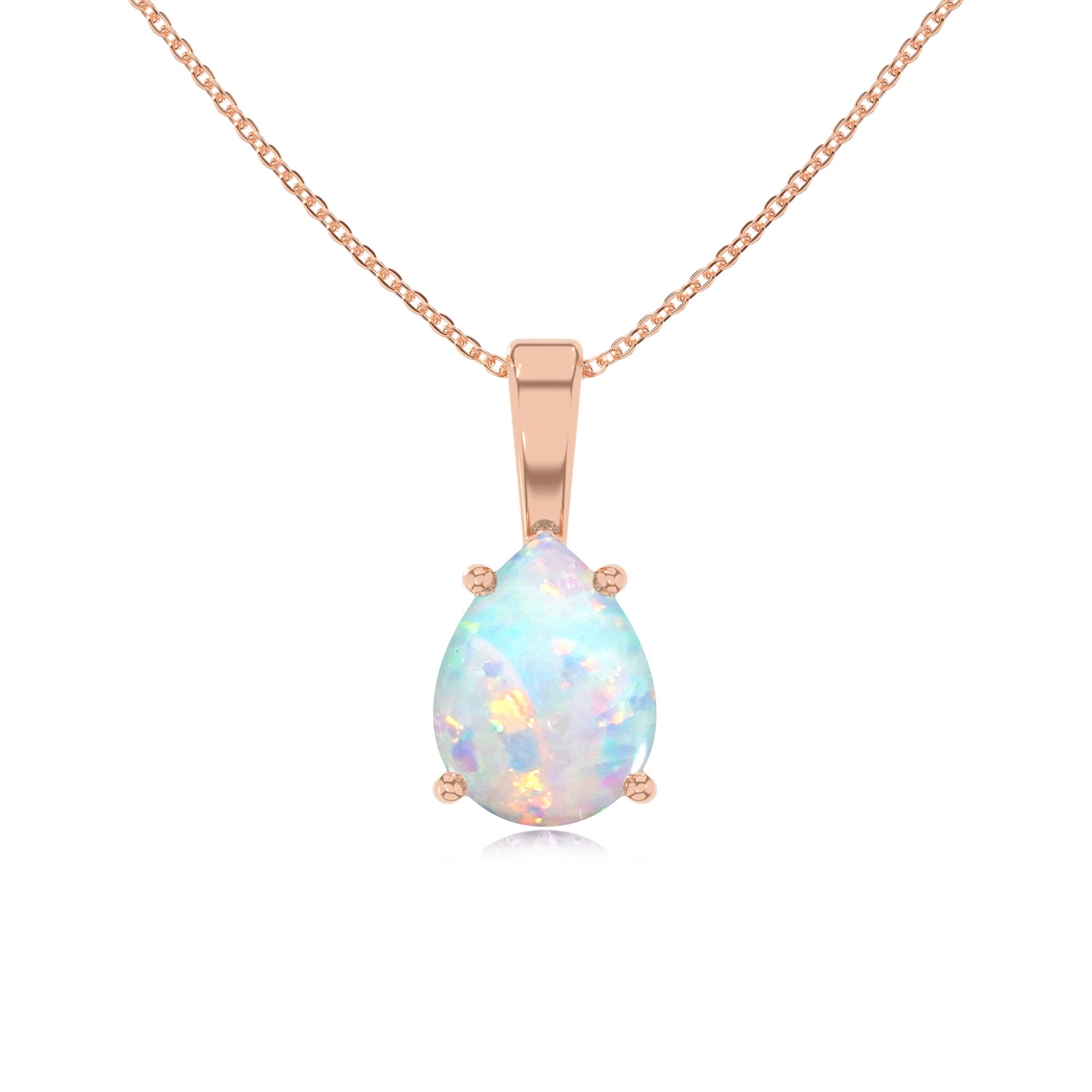 lab grown opal pear solitaire necklaces in rose gold