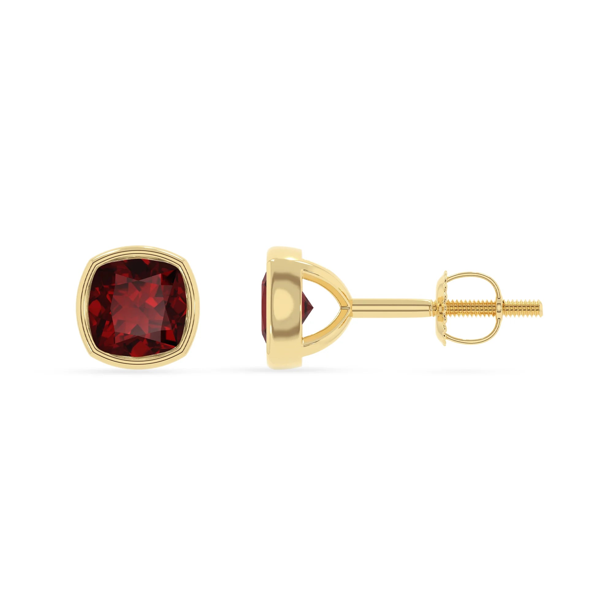 natural garnet cushion stud earrings in yellow gold