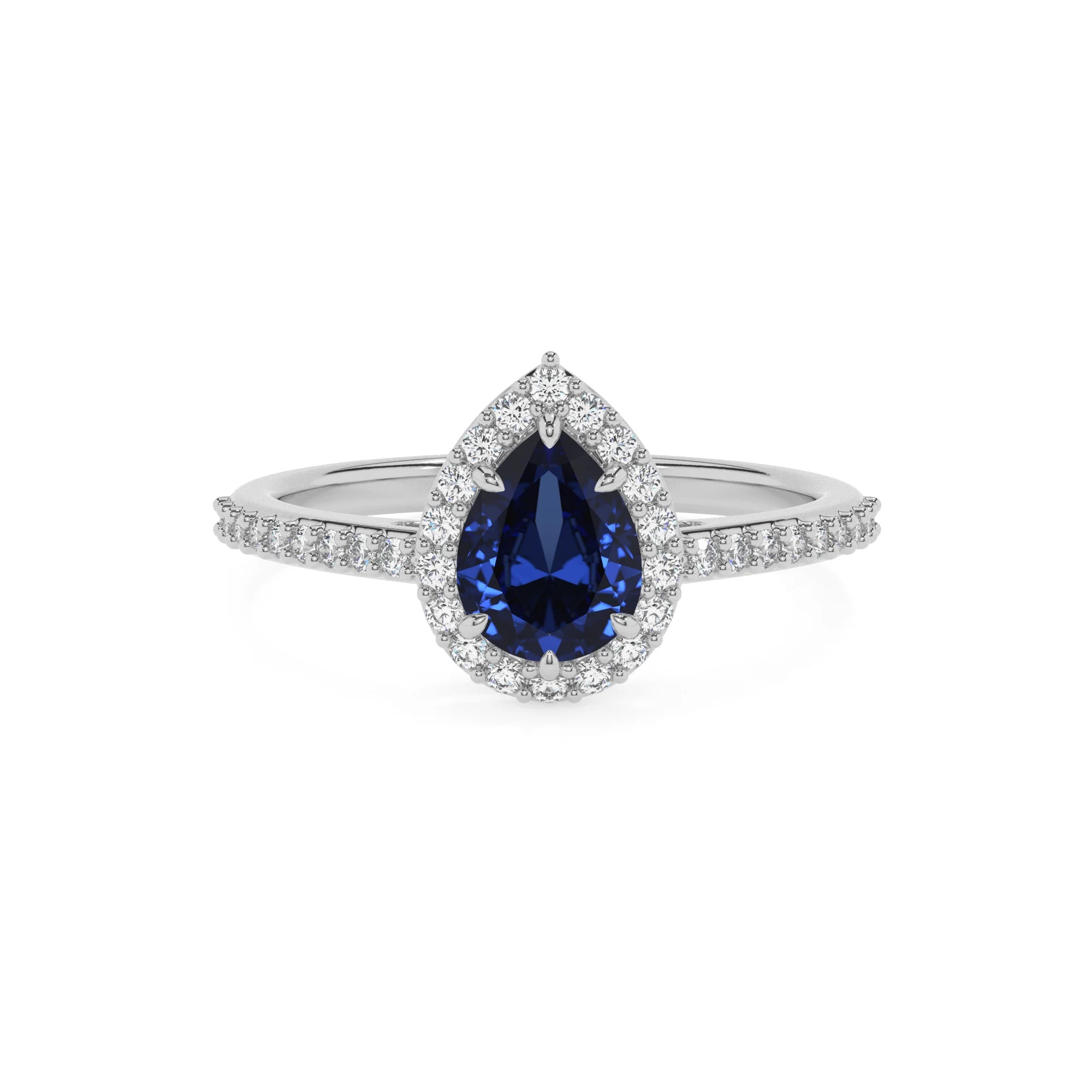 lab grown blue-sapphire pear solitaire rings in platinum