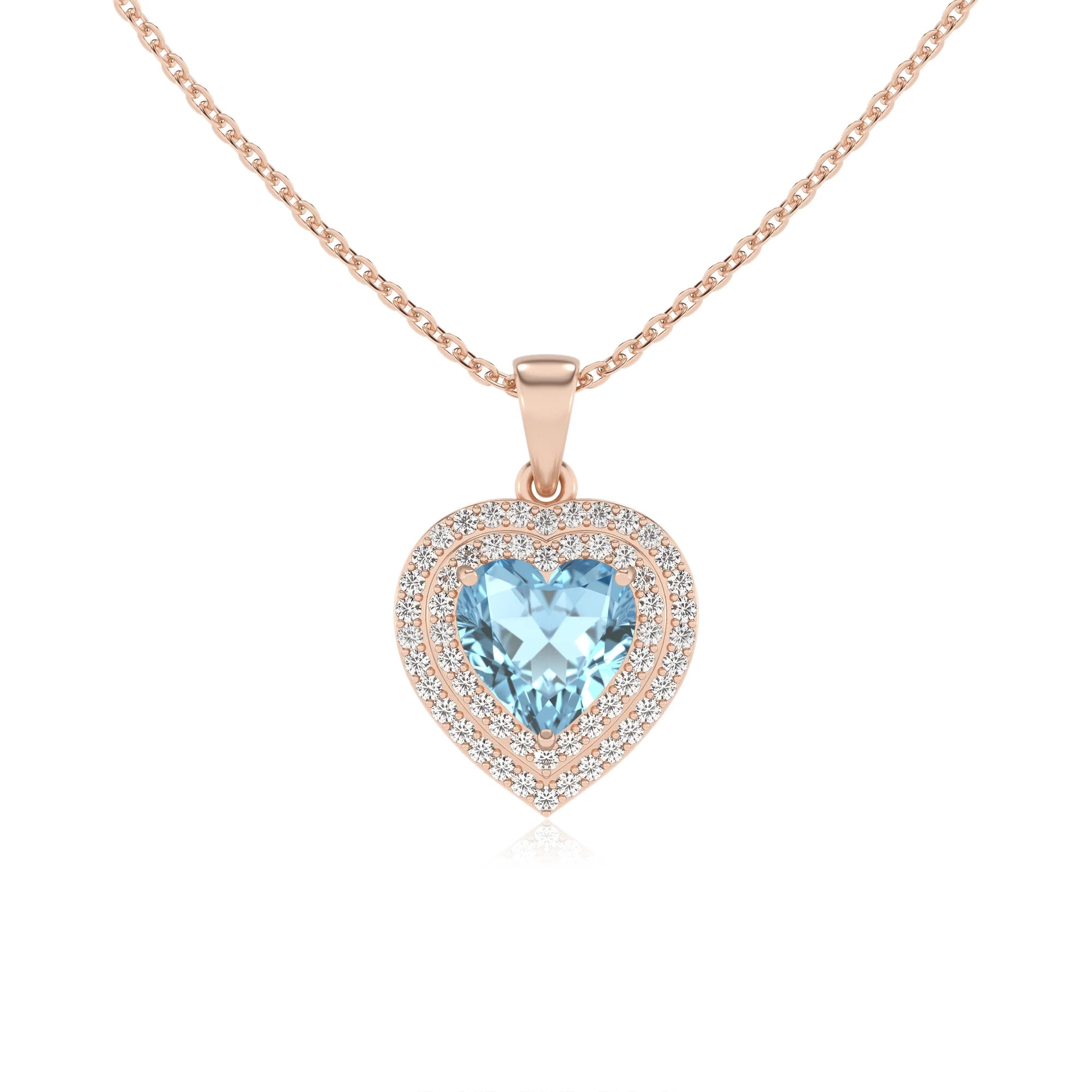 lab grown aquamarine heart halo necklaces in rose gold