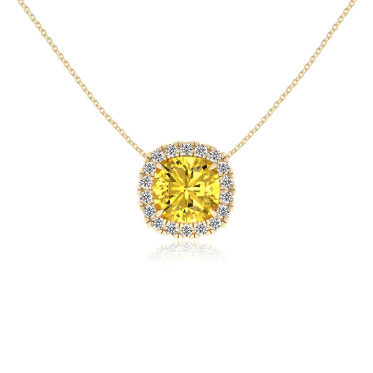 lab grown yellow sapphire cushion solitaire necklaces in yellow gold