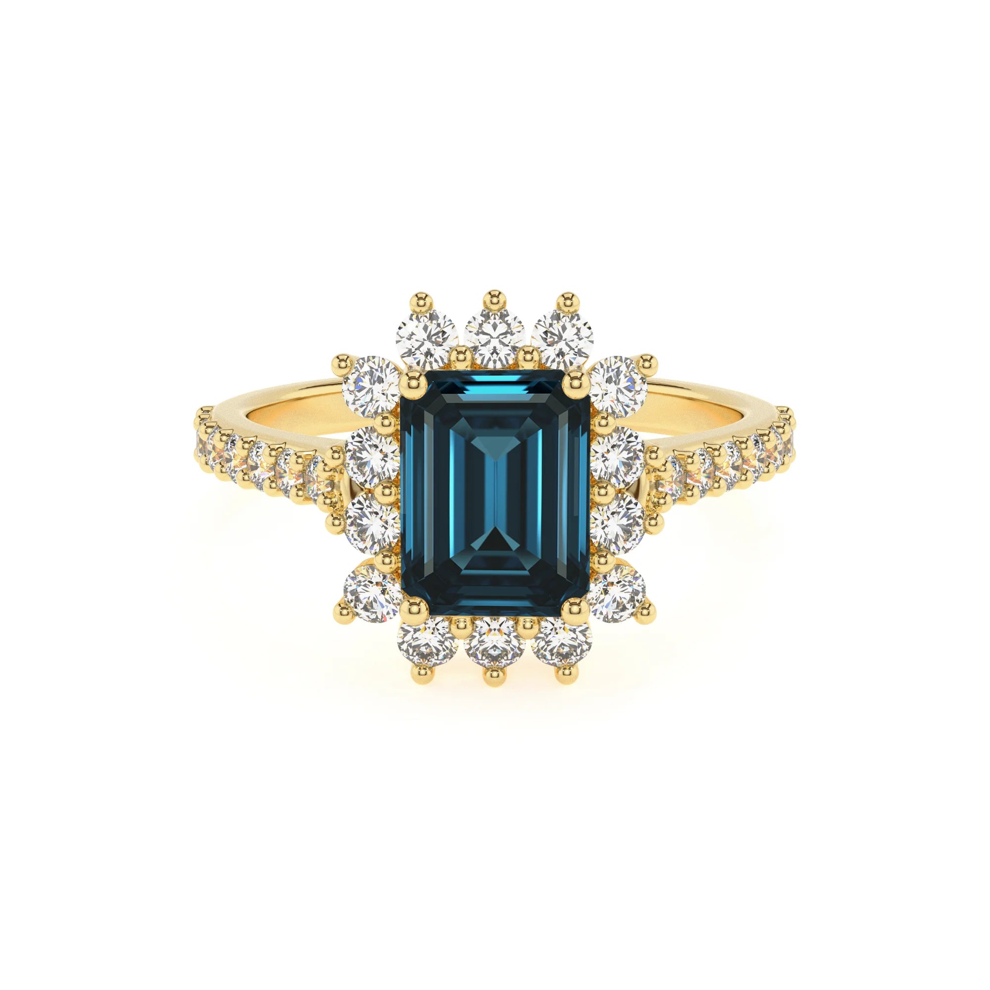 natural london-blue-topaz emerald cut solitaire rings in yellow gold