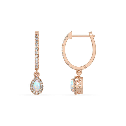 lab grown opal pear drop earrings in rose gold