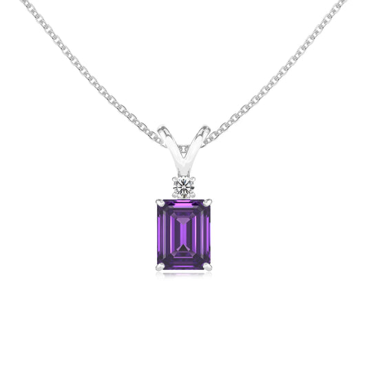 lab grown amethyst emerald cut solitaire v-bale necklaces in sterling silver
