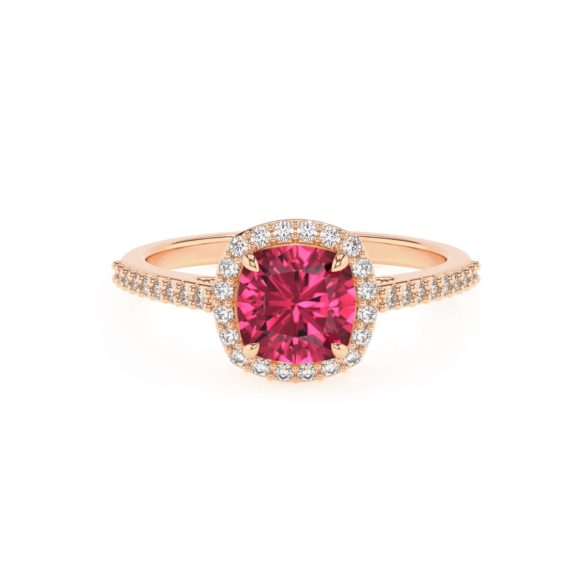 lab grown pink-tourmaline cushion solitaire rings in rose gold