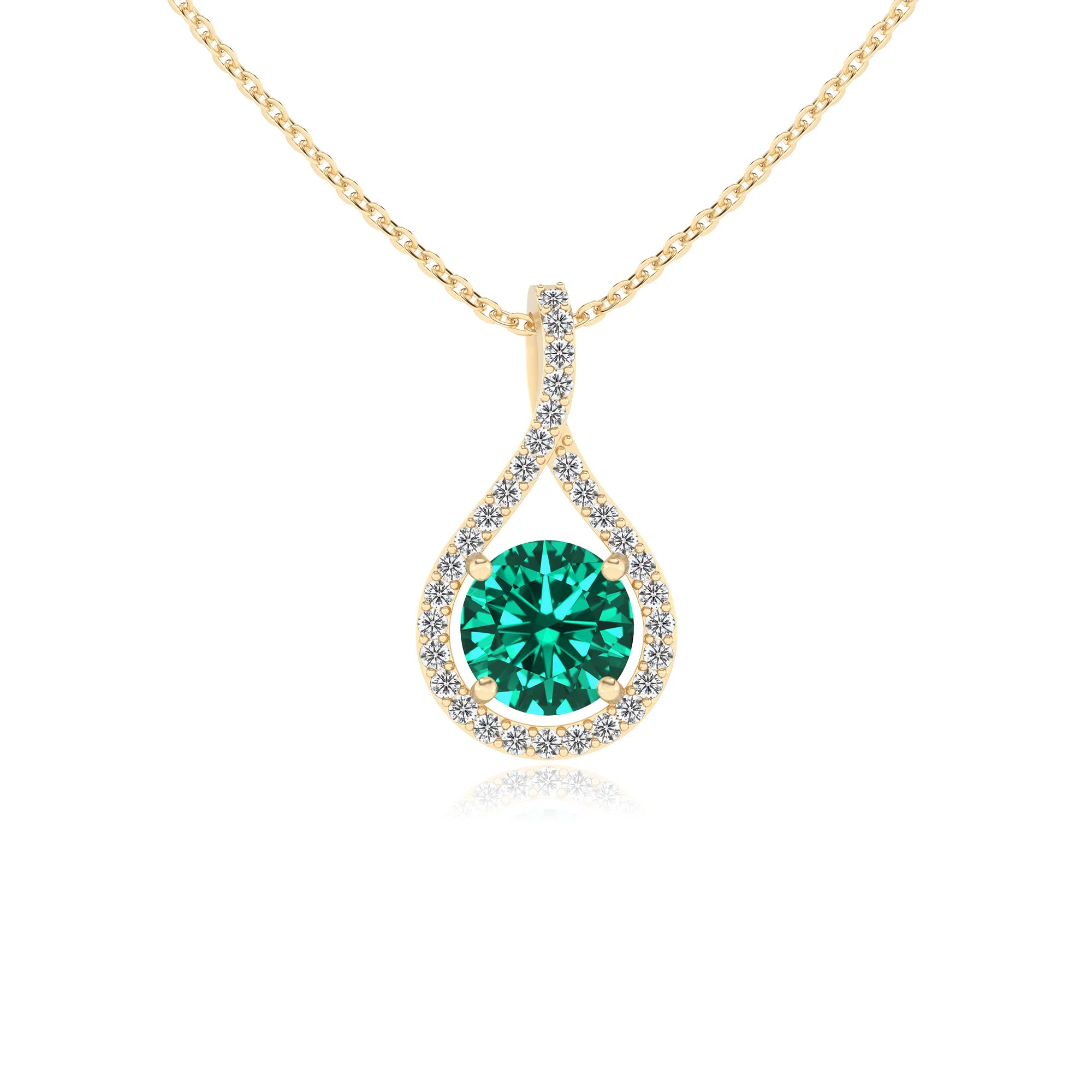lab grown emerald round solitaire necklaces in yellow gold