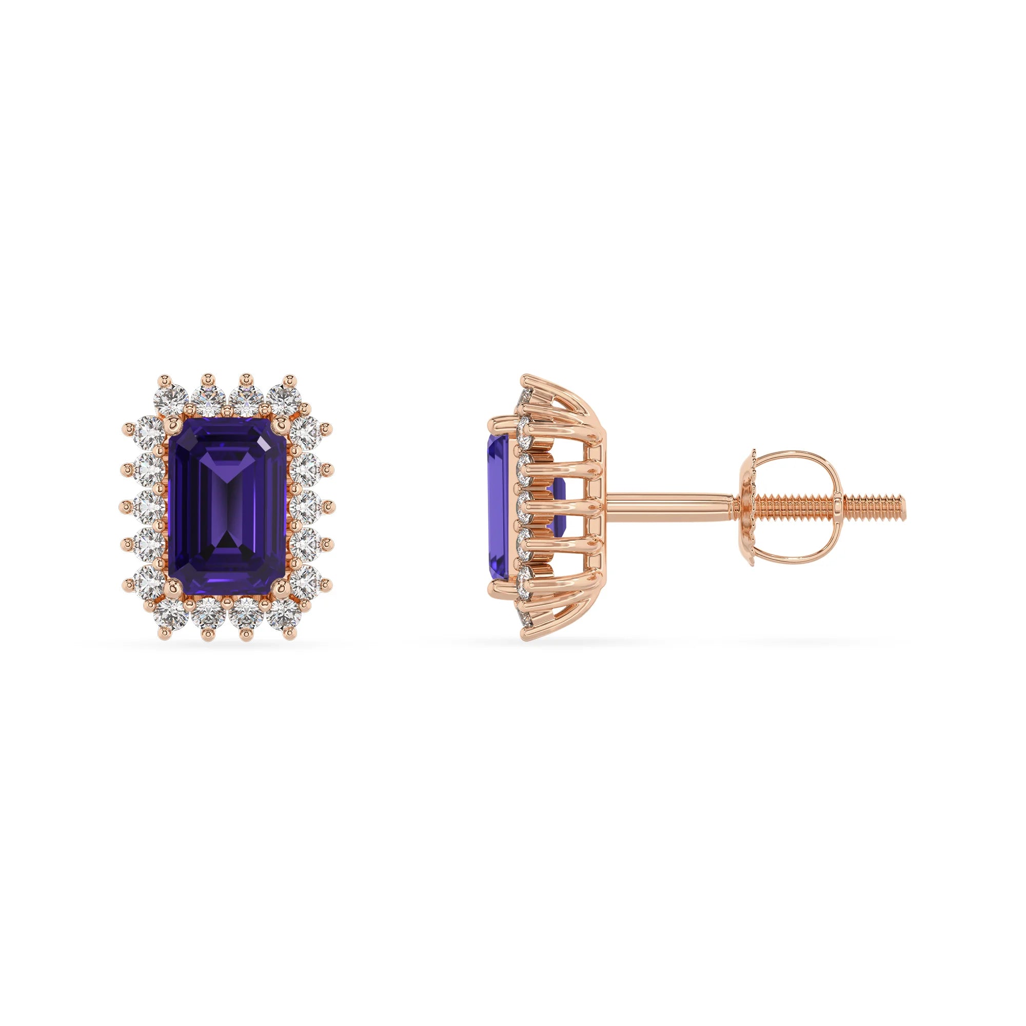 lab grown tanzanite emerald cut stud earrings in rose gold