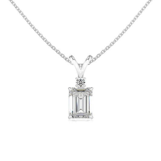 lab grown moissanite emerald cut solitaire v-bale necklaces in sterling silver