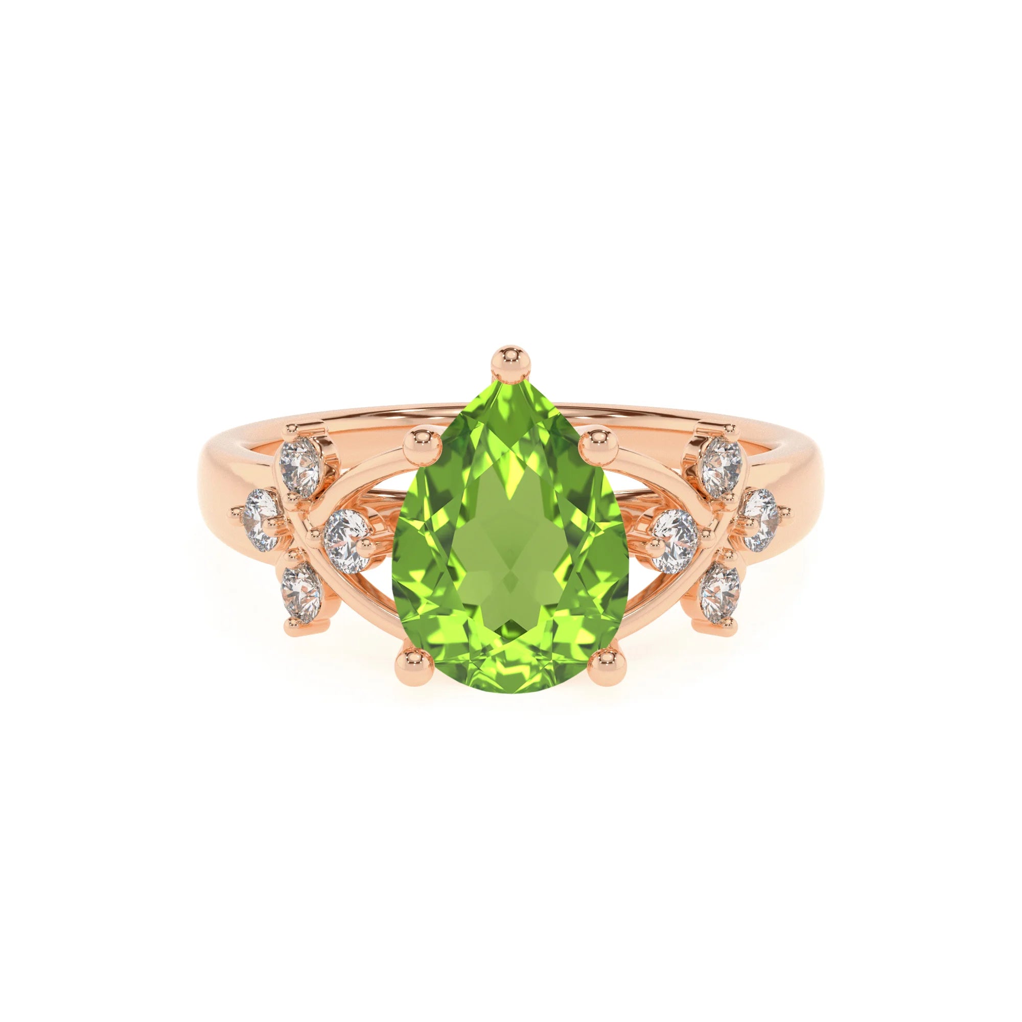 natural peridot pear solitaire rings in rose gold